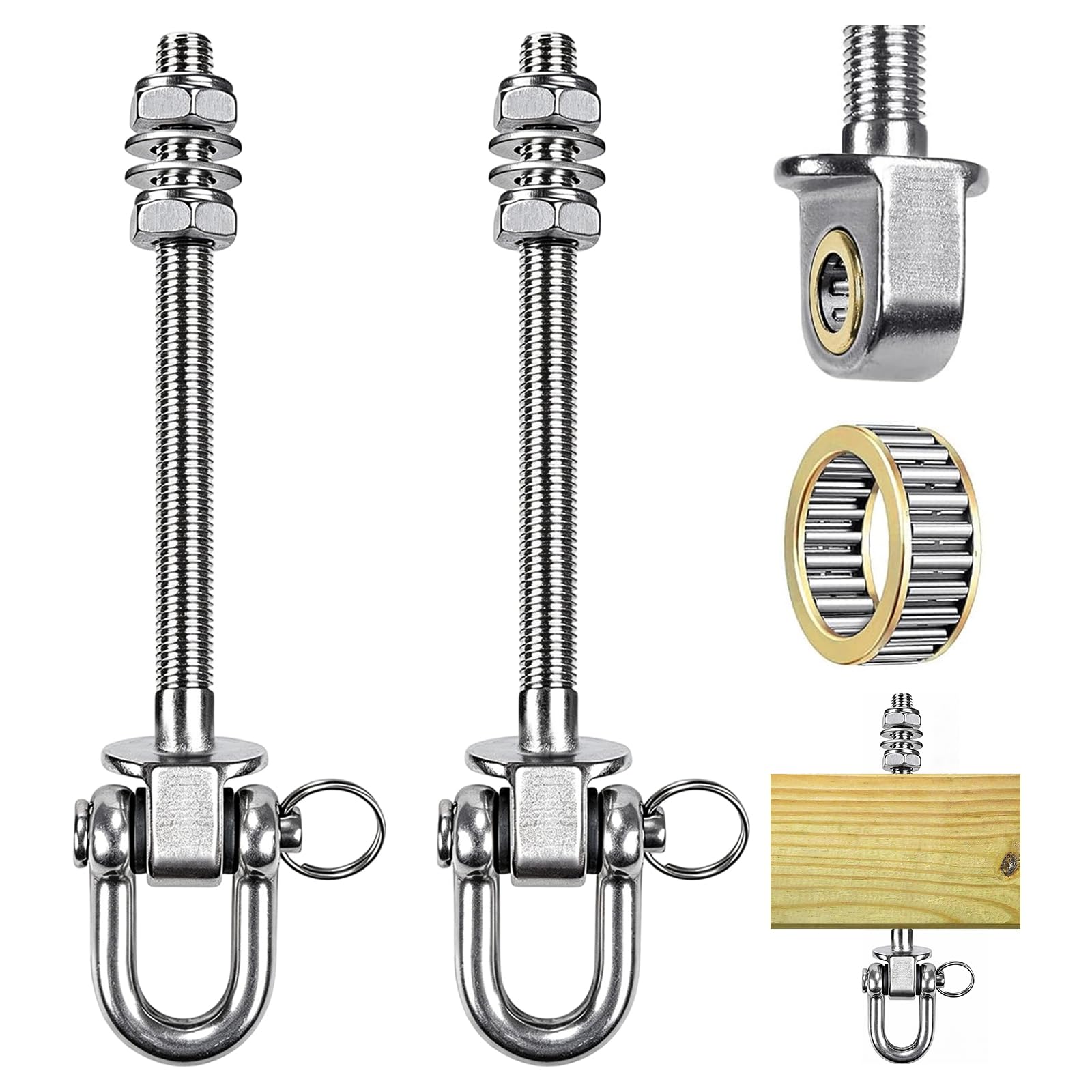 ZYETGH 2Pcs Swing Brackets with Bearings, Heavy Duty Swing Hangers 235mm 180° Swings Hooks M10 Stainless Steel Hanging Chair Screw Eye Bolts