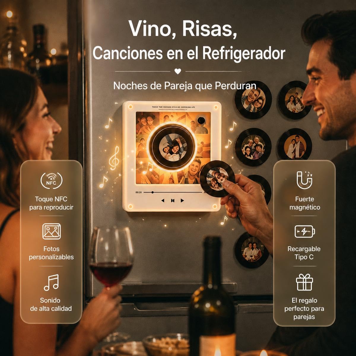Imanes Personalizados Nevera con Música y Foto Reproductor de Música con 9 Mini Vinilos, Marco Fotos Magnético Luz LED, Caja Música NFC Regalo Aniversario Pareja
