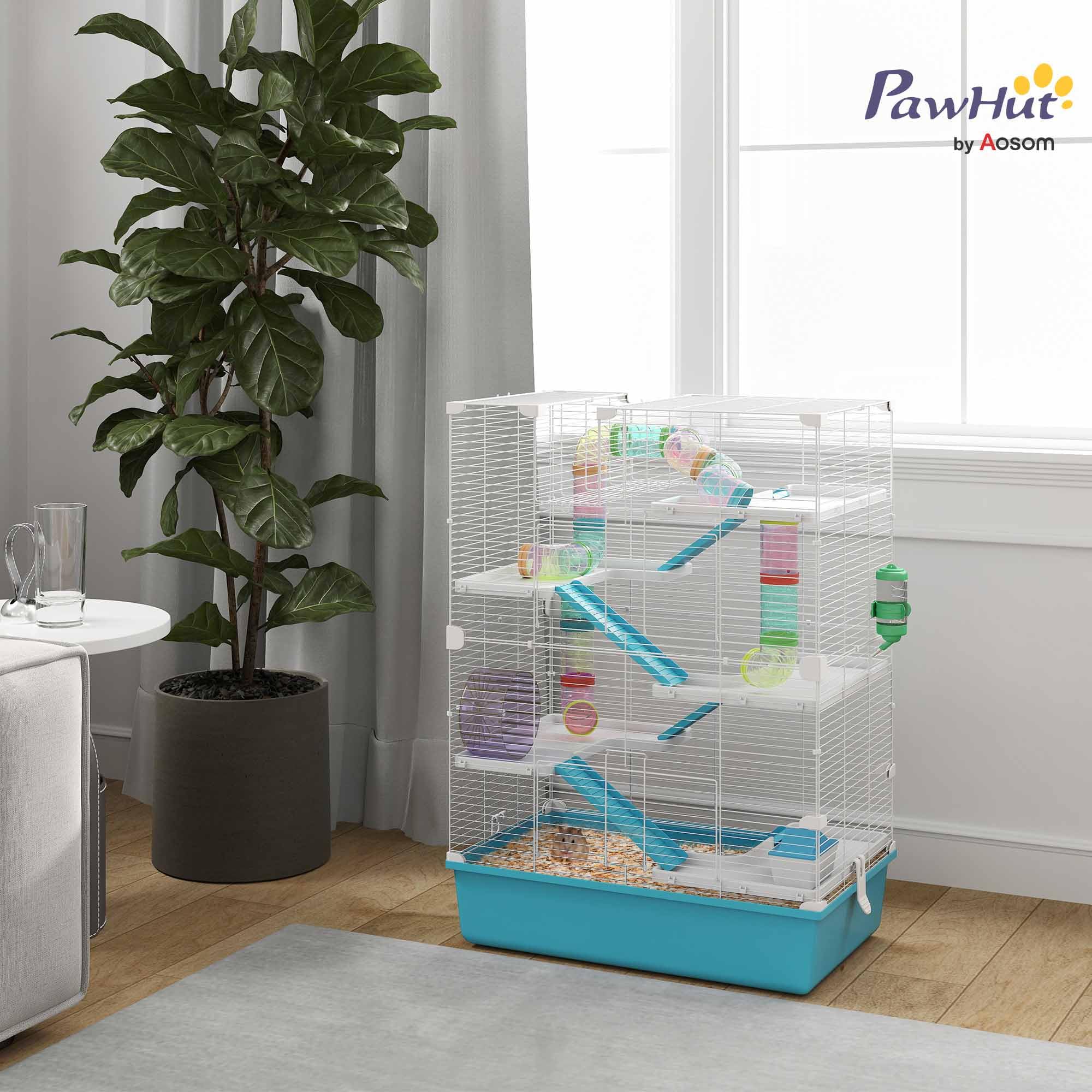 PawHut Gabbia per Criceti a 6 Livelli con Tubi, Casetta, Bottiglia d'acqua, Rampe, Ciotola, Piattaforme, 2 Porte e Ruota, Gabbietta per Roditori e Gerbilli, in Metallo, PP e PS, 58x36x81 cm, Azzurro