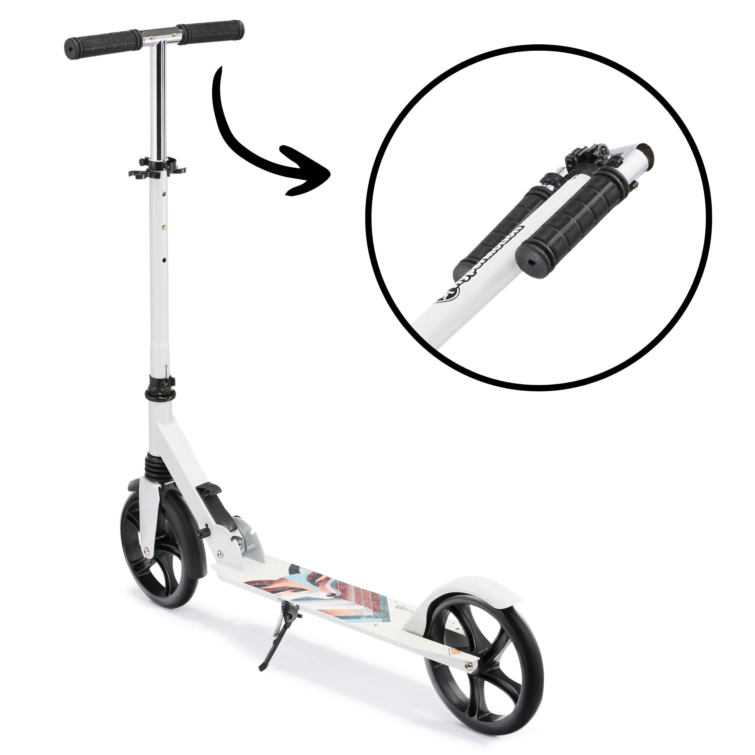 HyperMotion Hulajnoga Dwukołowa dla Młodzieży i Dorosłych, z Amortyzatorem, do 100kg, Regulowana Kierownica 85-95 cm, Antypoślizgowy Deck, Stabilna, Łożyska ABEC-7, Składana, Zimowy Lis