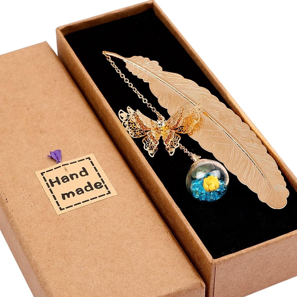 HASTHIP® Metal Feather Bookmark with Glass Beads Pendant, Vintage Feather Butterfly Bookmark for Reading Enthusiasts and Gifting, Bookmark Gift for Teachers Women (Golden Bookmark, Blue Dry Flower)