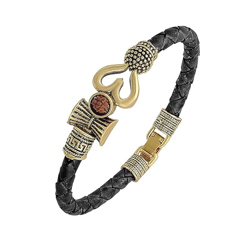 Bhumi09 Handcrafted Spiritual One Sided Trishul Damru OM Rudraksha Beads Gold Plated Mahakal Shiva Genuine Leather Brown Dyed Rope Wrist Band/Belt Bracelet for Men/Women