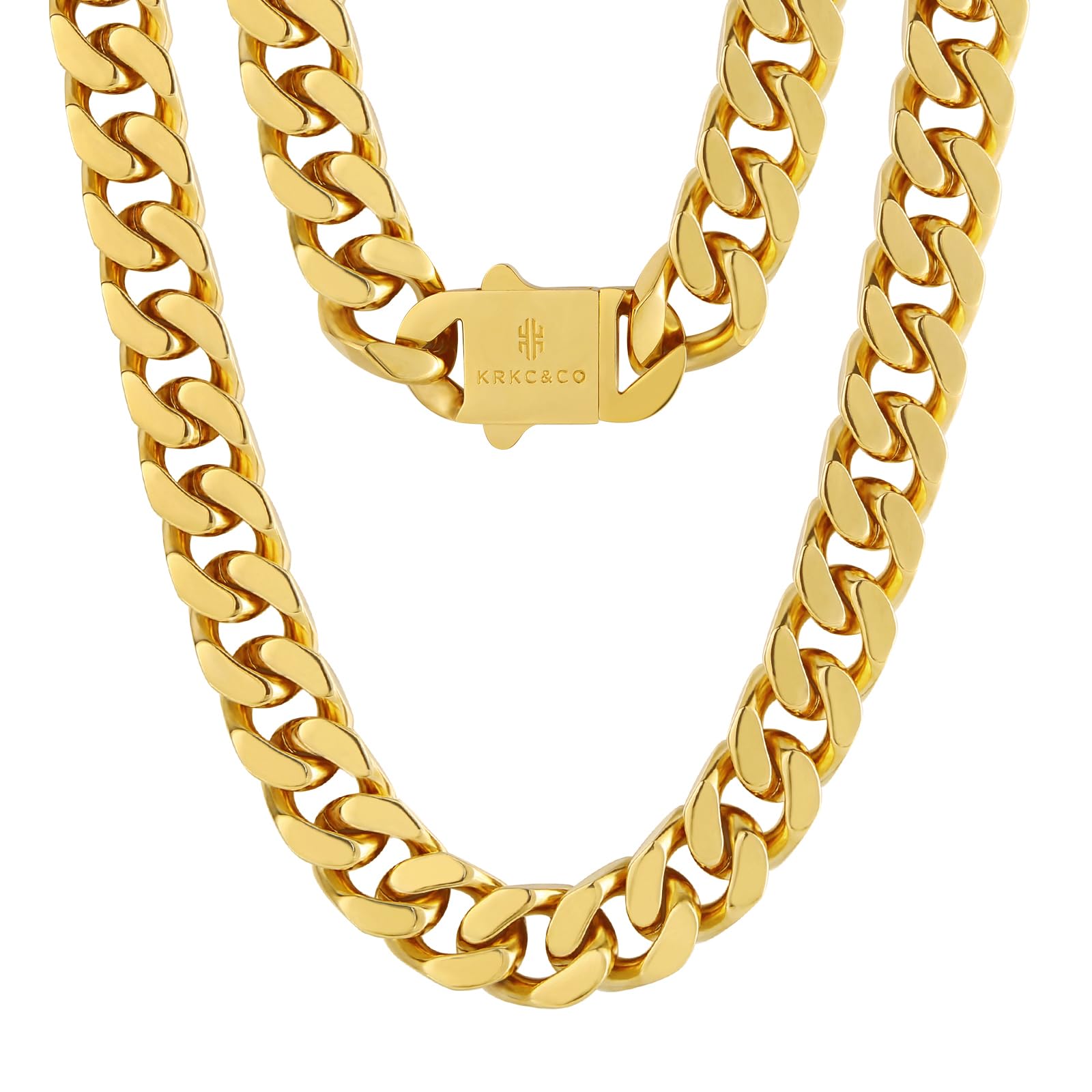 KRKC&CO Gold Chain for Men 8/12/14mm, 18k Miami Thick Cuban Link Necklace,Brithday Father Day Gift for Him from Wife, 4-Side Cut, Hip Hop Jewelry, Anti-Allergies No Fading
