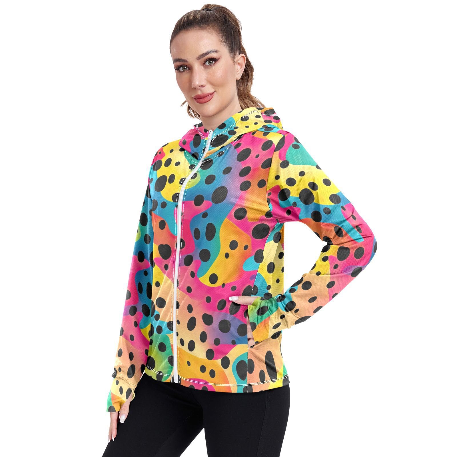 UMIRIKO Colorful Leopard Print Pattern Women's UPF 50+ Sun Protection Jacket Hoodie Rash Guard Shirt with Pockets M 202a3474