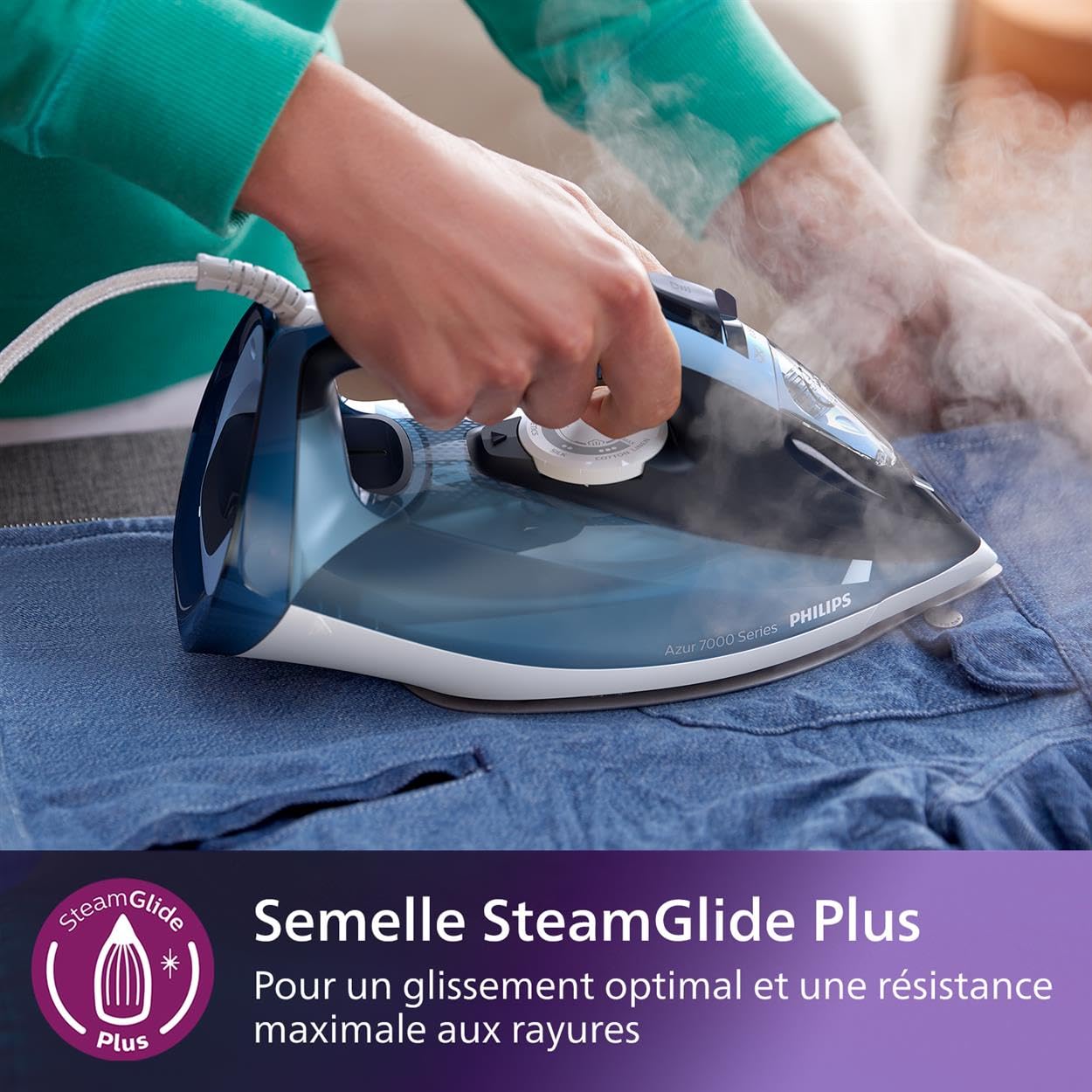 Philips fer à repasser Série 7000 - Puissance Fer à Vapeur 2800W, Effet Pressing 250 g, Débit Vapeur Continue 50 g/min, Semelle SteamGlide Plus, Réservoir 300ml, Bleu (DST7020/80)