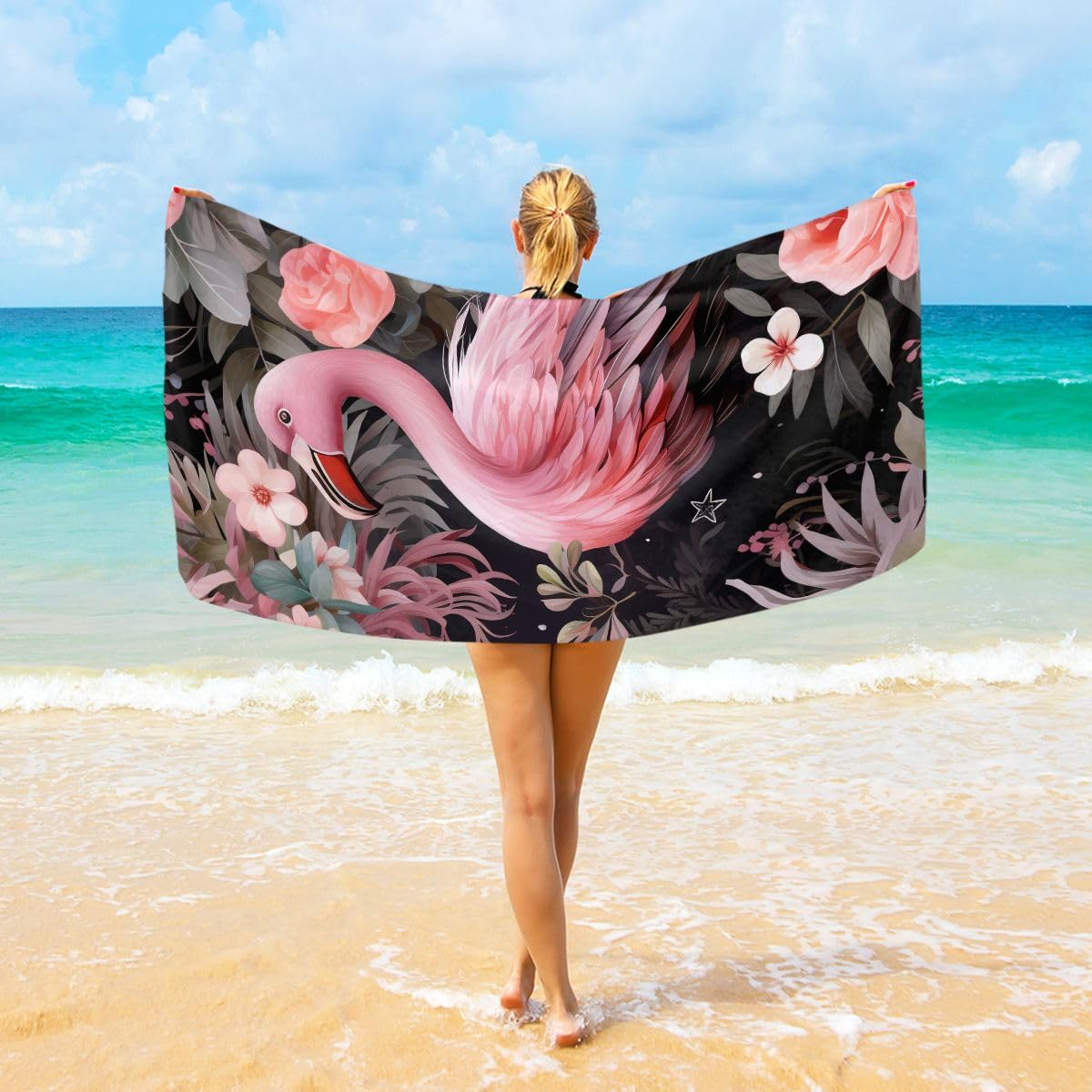 Serviettes Fleur Flamant Rose Drap De Bain sans Sable Serviette De Plage Facile À Entretenir Drap De Plage pour Piscine Camping Natation 80X130CM