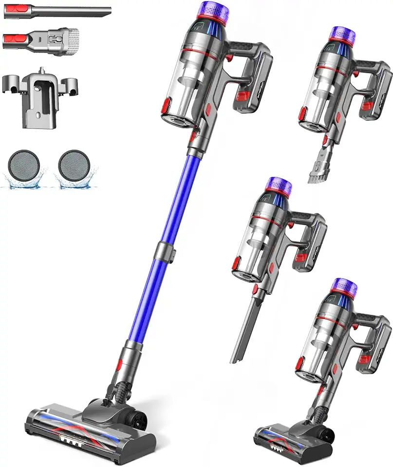 MQDXE Cordless Stick Vacuum Cleaner: 550W Powerful Suction, LED Display, 55 Min Runtime, Anti-Tangle Brush, Rechargeable Battery, Lightweight for Home, Pet Hair, Hard Floors, Carpet (Royal Blue)