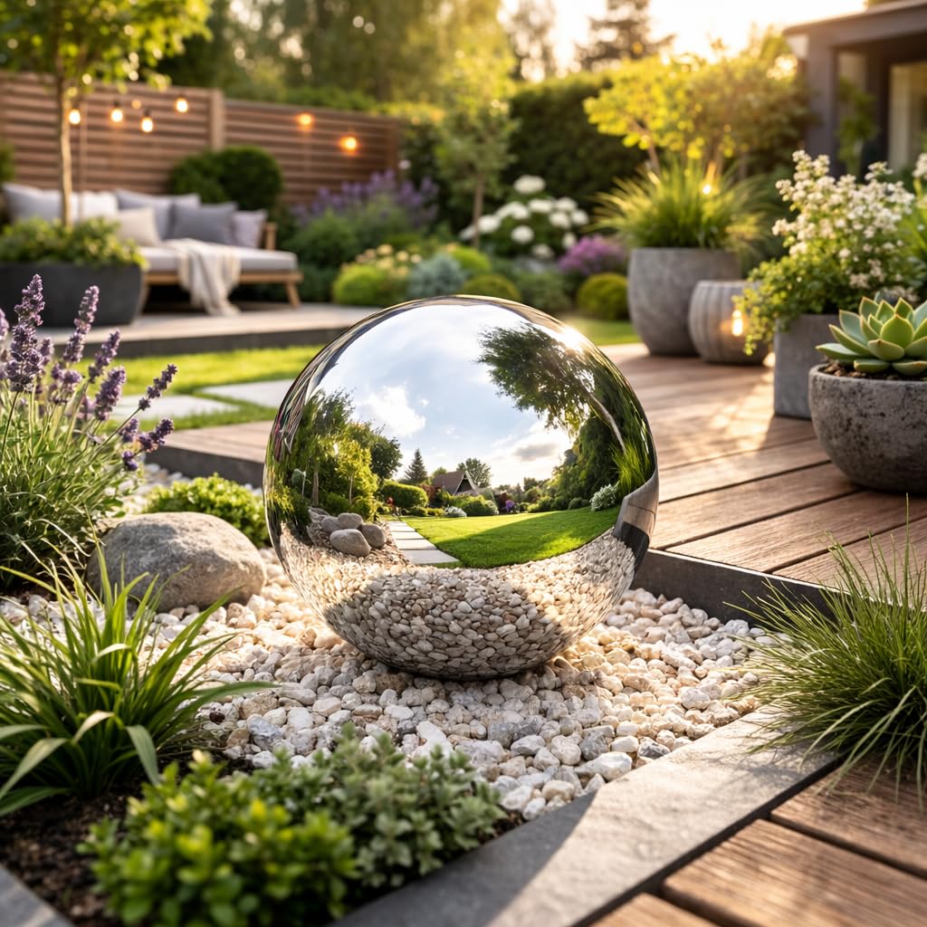 Garden Mile Boule d'observation en acier inoxydable - Boule creuse réfléchissante - 25 cm - Argenté poli - Boule flottante pour décoration de jardin - 25 cm