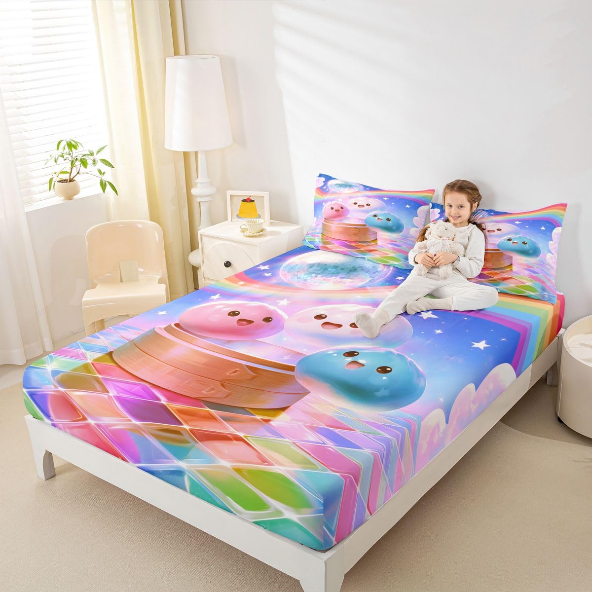 Manfei Kawaii Cartoon-Lebensmittel-Spannbettlaken, volle Größe, niedliches Knödel-Bettwäsche-Set, 3-teilig, buntes 3D-Würfel-Bettlaken für Kinder, Jungen, Mädchen, Teenager, Raumdekoration