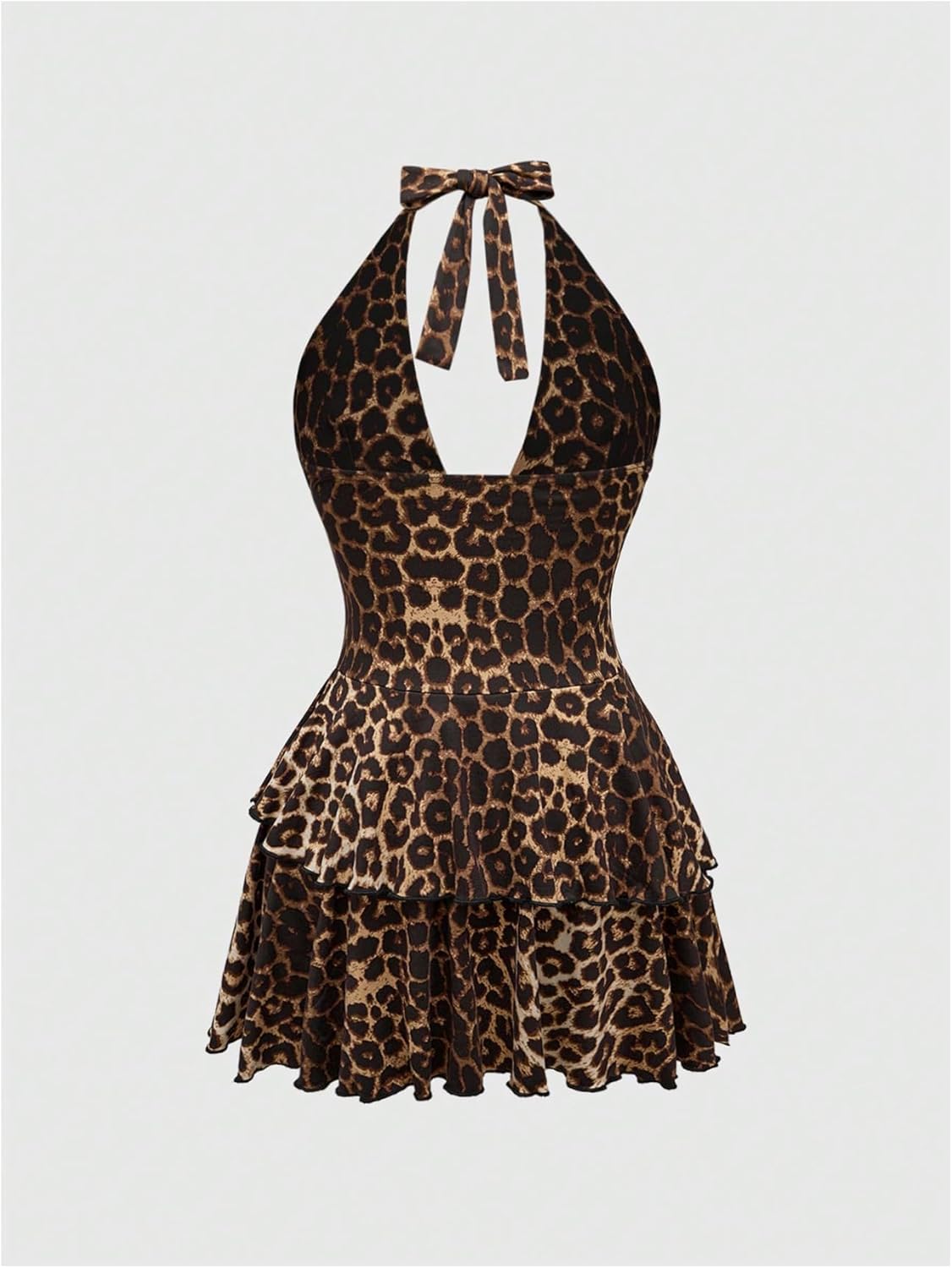 SOLY HUX Women's Plus Size Leopard Print Halter Dress Y2k Gothic Deep V Cheetah Tie Backless Layered Ruffle Mini Dresses - Image 3