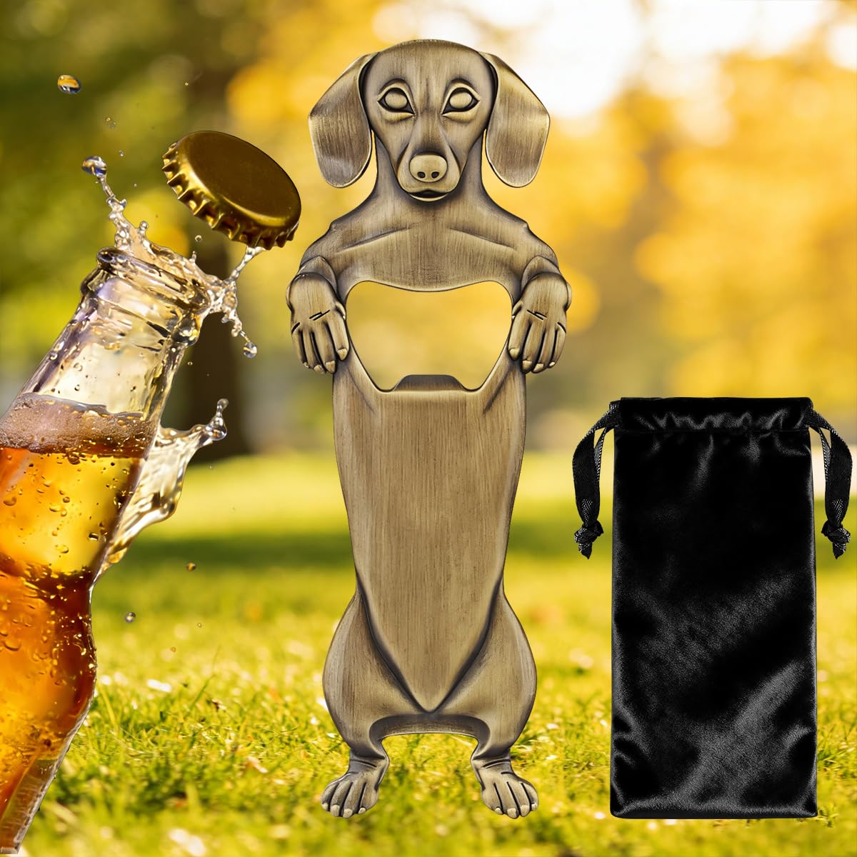 Bronze Dachshund Dog Bottle Opener, Sausage Dog Accessories for BBQ Party, Metal Beer Opener for Men Cave Home Kitchen, Novelty Pet Gift with Bag, Christmas Stocking Filler, Gifts for Him