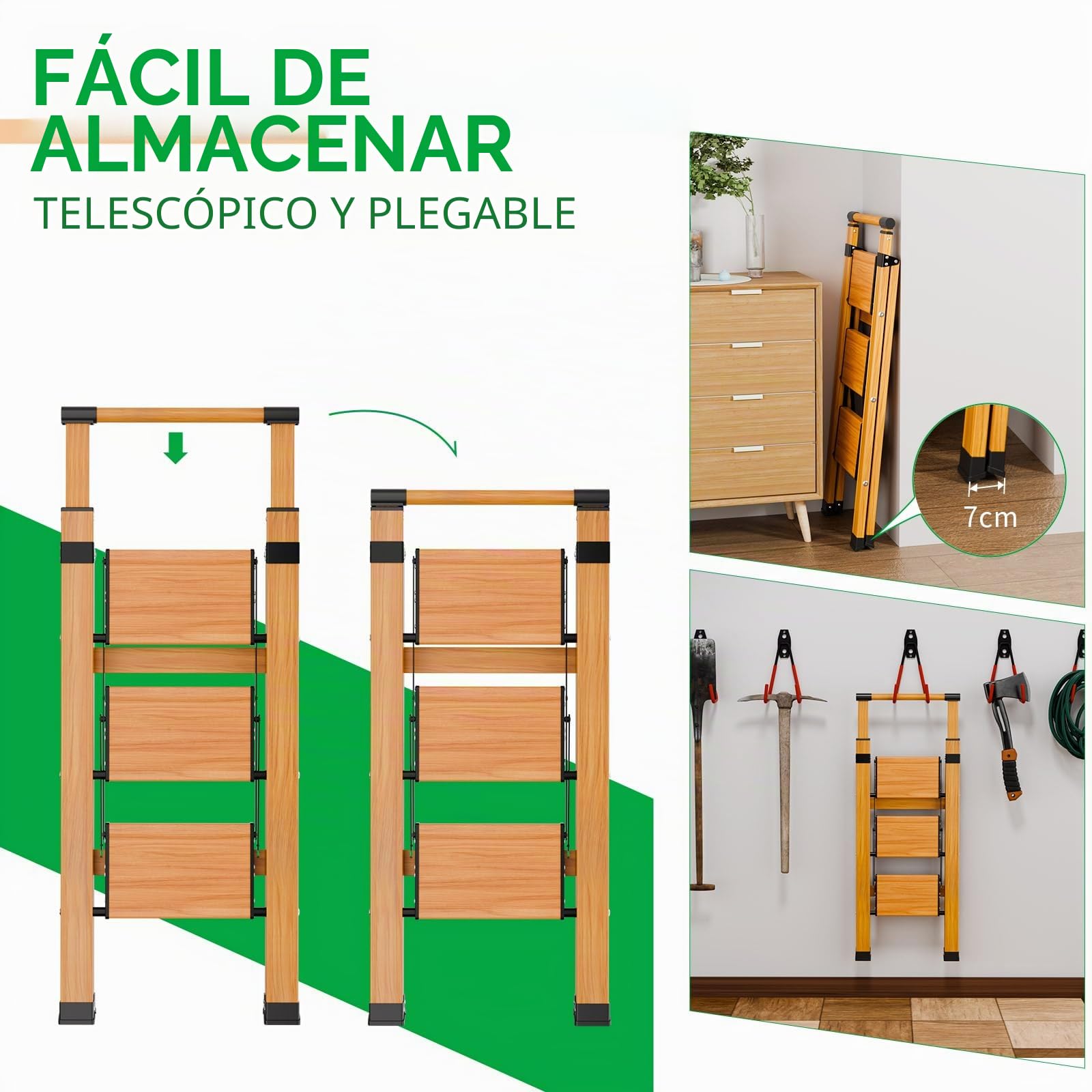 KULACO Escalera Plegable de 3 peldaños con barandilla, Aluminio Antideslizante Extra Ancho, Acabado Madera, Carga máx. 150 kg para Cocina, hogar y Garaje