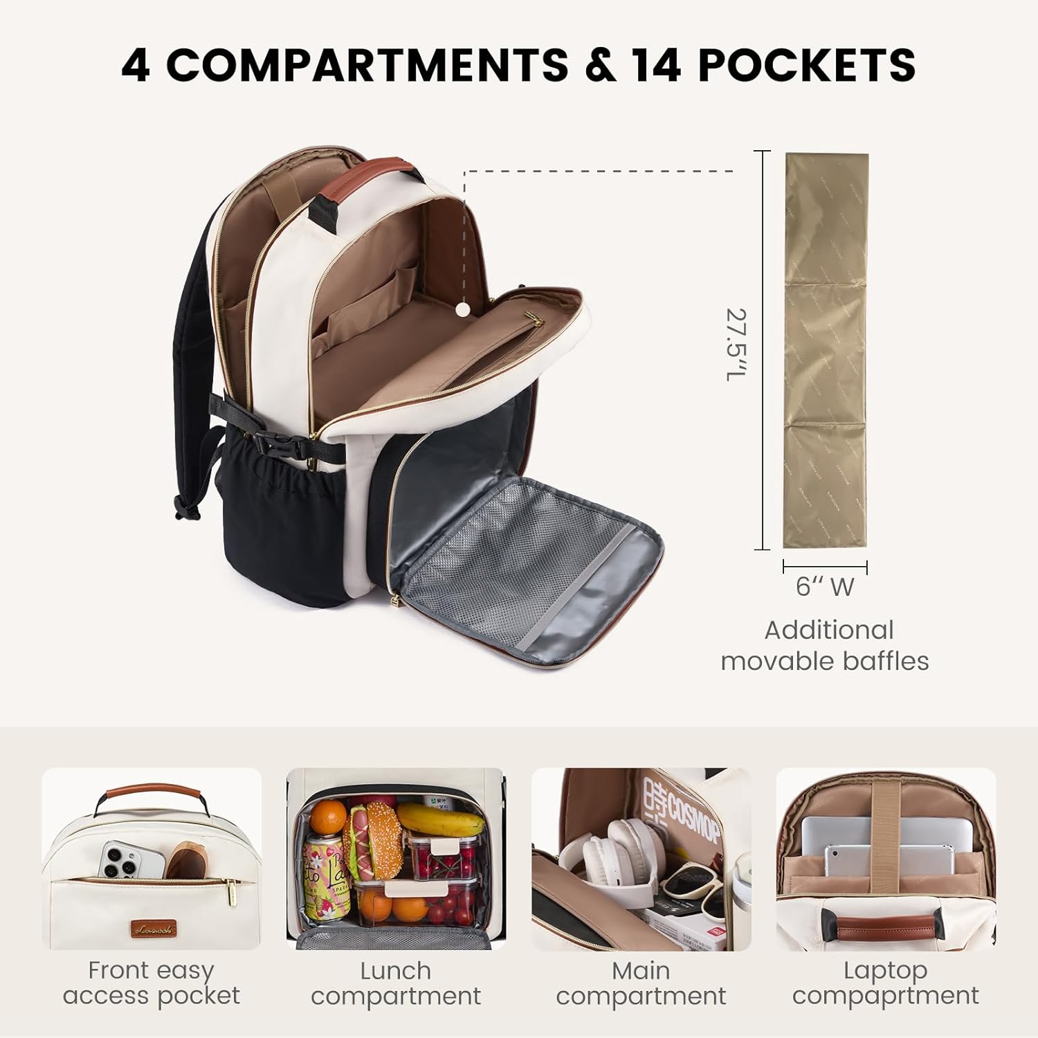 LOVEVOOK Lunch Backpack with Lunch Compartment,15.6 Inch Laptop Work Travel Insulated Cooler Backpack,Waterproof College Teacher Lunch Bag Box with Tumbler Holder,Gifts for Men Women,Beige-Black-Brown