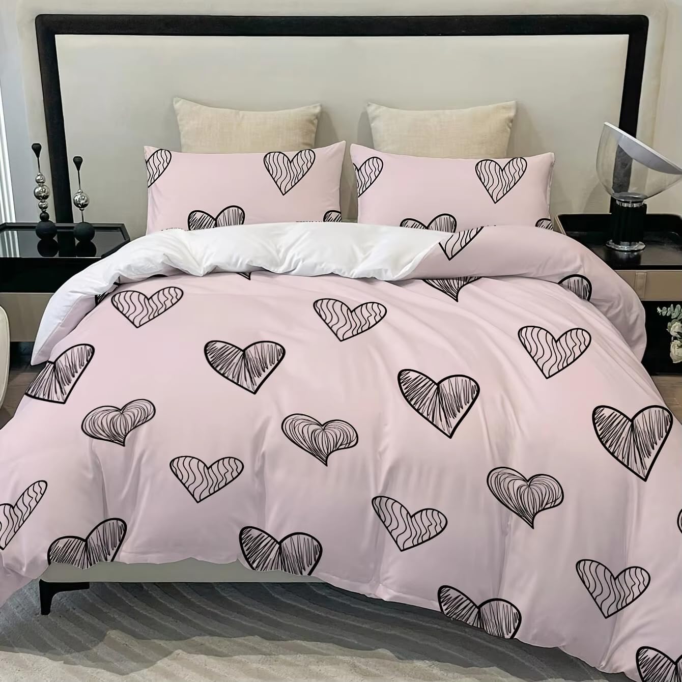 Housse de couette cœur noir parure de lit 200x200 rose avec taies