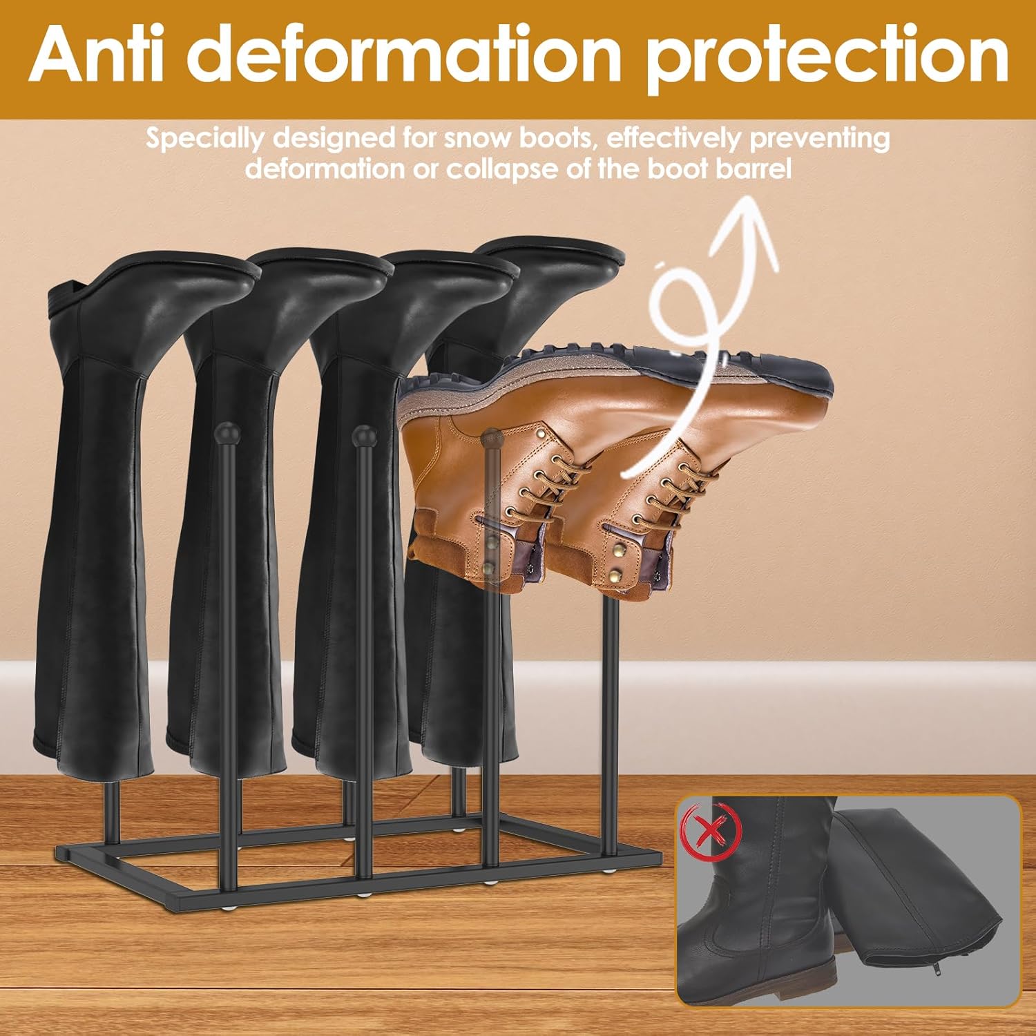 Free-Standing Shoe Racks, Decorative Boot Rack Organizer, Black Stainless Steel Boot Rack for 4 Pairs, Space Saving Boot Shoe Rack for Dorm Room Closet Entryway Bedroom