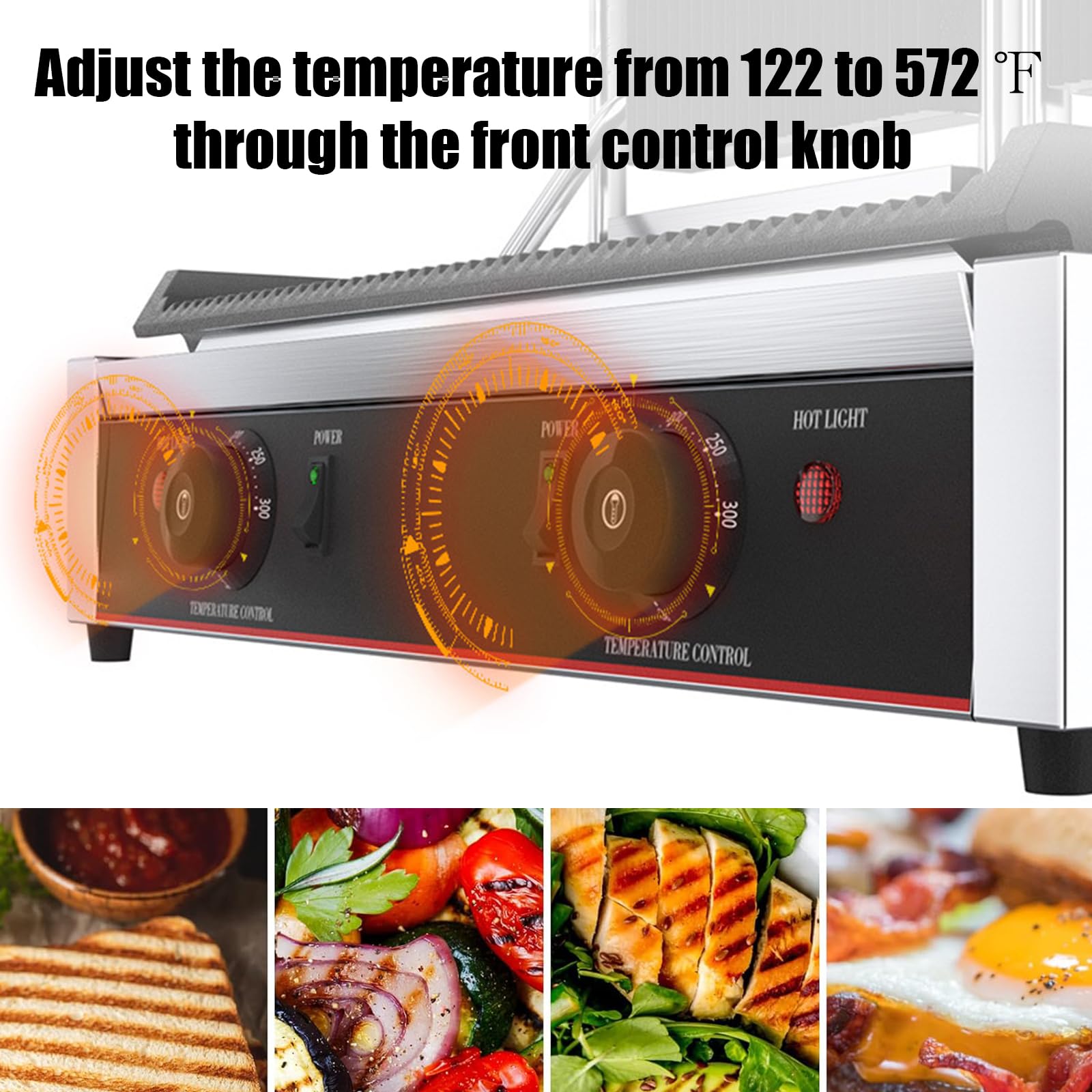 Sandwichera Comercial Eléctrica Panini Press Maker 50-300 ℃ Control De Temperatura Ajustable Superficie Antiadherente Placas De Doble Ranura 3600W Sandwichera Tostadora para Cocina