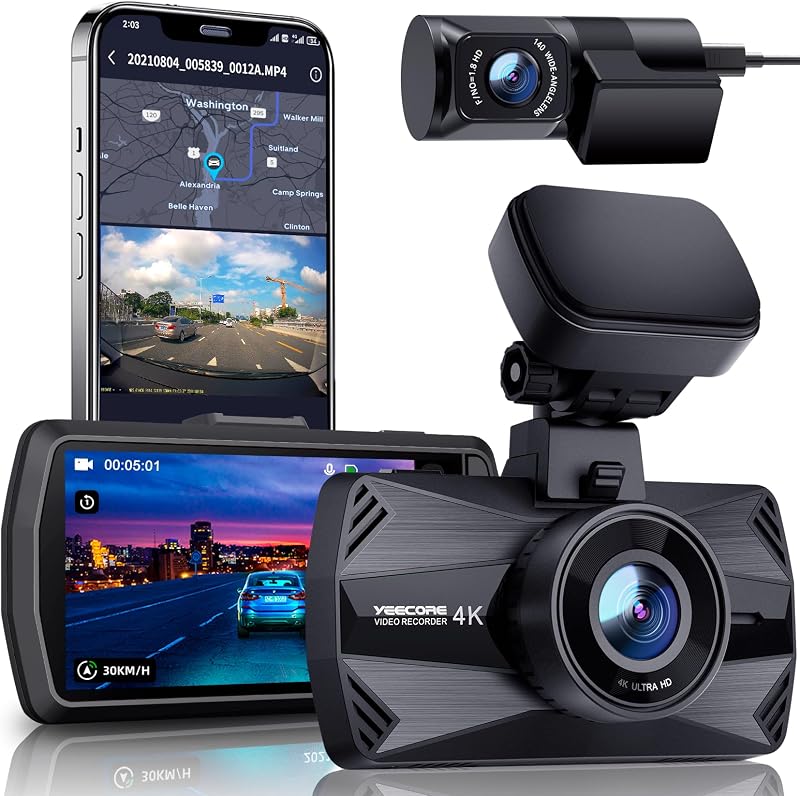 Cámara de salpicadero 4K real delantera y trasera, GPS Wi-Fi de 5,8 GHz, cámara dual HDR con sensor de nivel superior, pantalla IPS de 3,3 pulgadas, súper visión nocturna, sensor G, modo de estacionamiento, cámara de salpicadero para autos con aplicación, compatible con 512 GB máx.