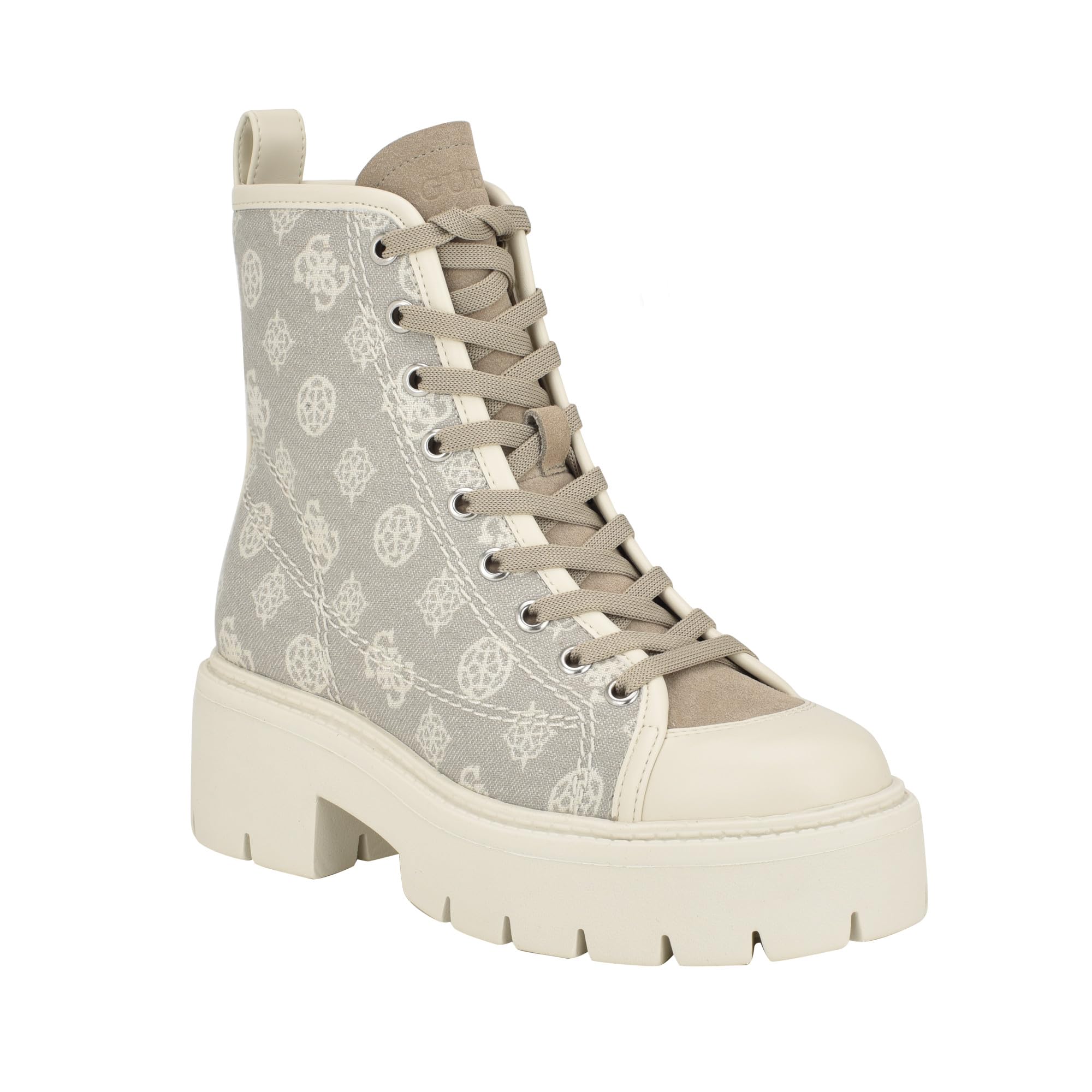 GUESS Women's Shutter Combat Boot, Ivory Logo Multi, 6.5 UK