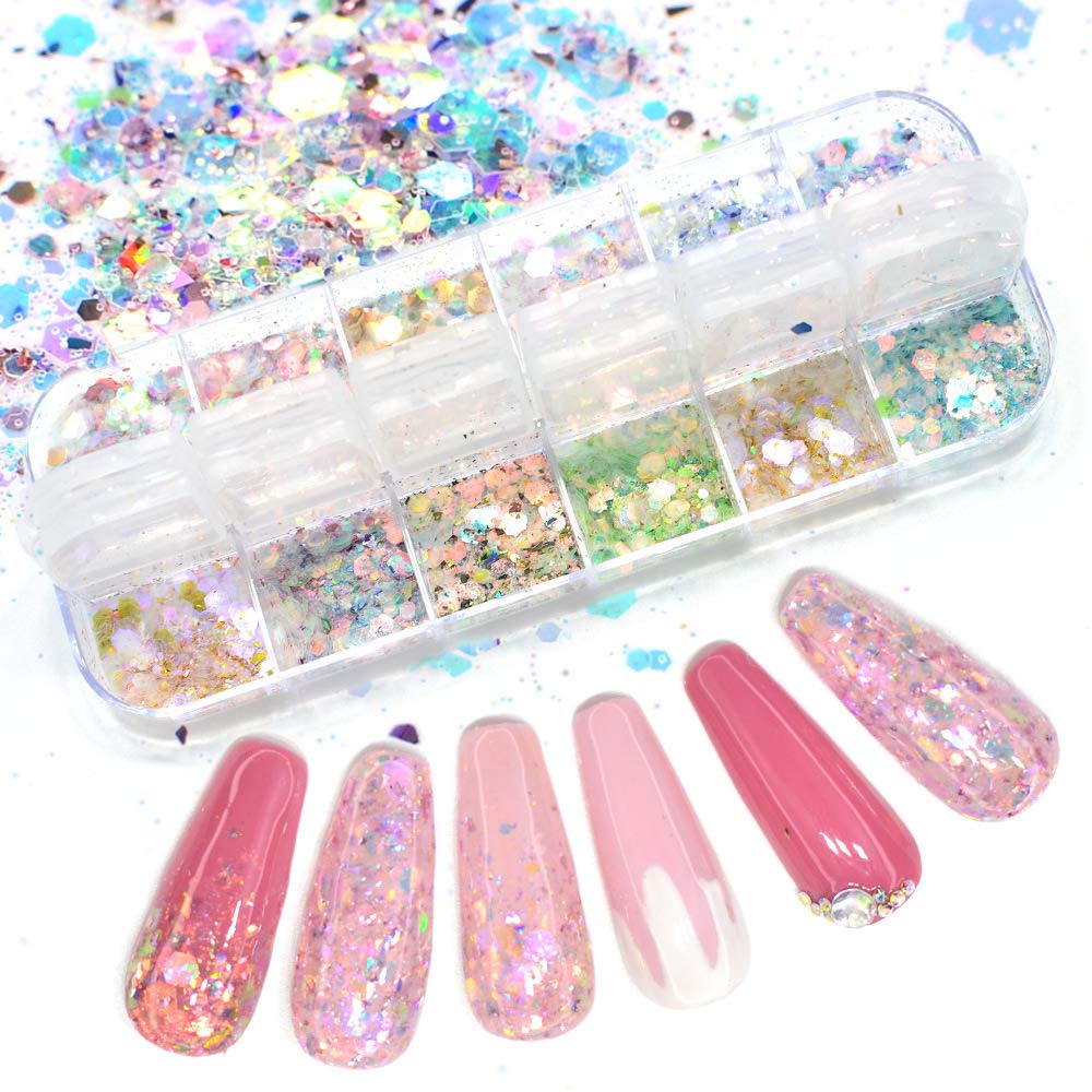S.A.V.I 1PC. DIY Nail Art 12 Colors Sequins Palette Glitter Hexagon Shape Mermaid Style Manicure Flakes (12-Color Mermaid Sequin)