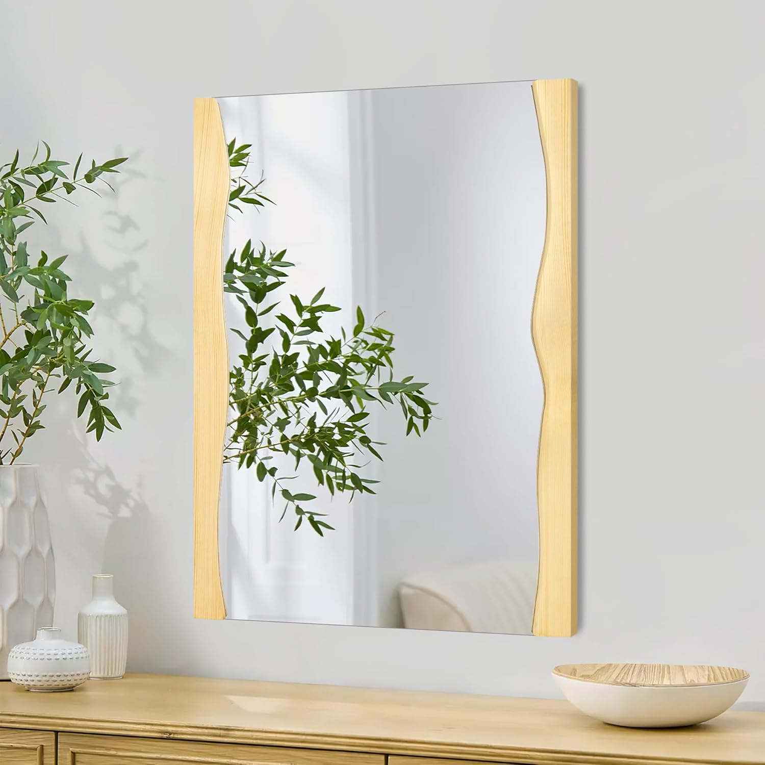 Tanmicoshomy Natural Wood Mirror 20x28 Inch, Asymmetrical Wooden Framed Rectangle Wall Mirror for Bathroom Vanity Bedroom Living Room, Vertical or Horizontal Hanging 28"L x 20"W Natural Wood