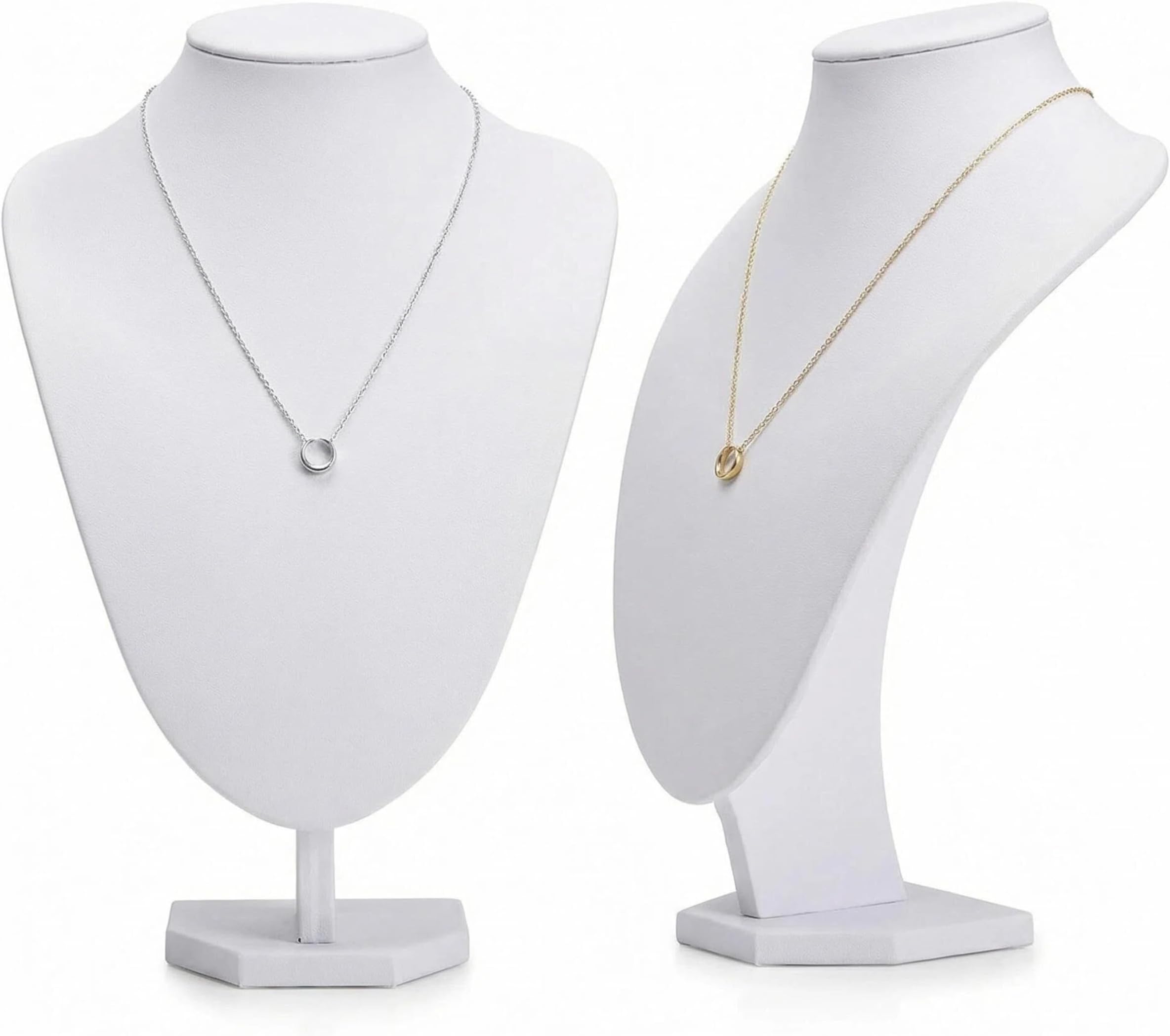 Comelyjewel Necklace Display Stand Set of 2, Small Jewelry Bust Holder (8.7”), Faux Leather Necklace Organizer for Vanity, Earrings & Necklace Display for Home or Vendor Booth