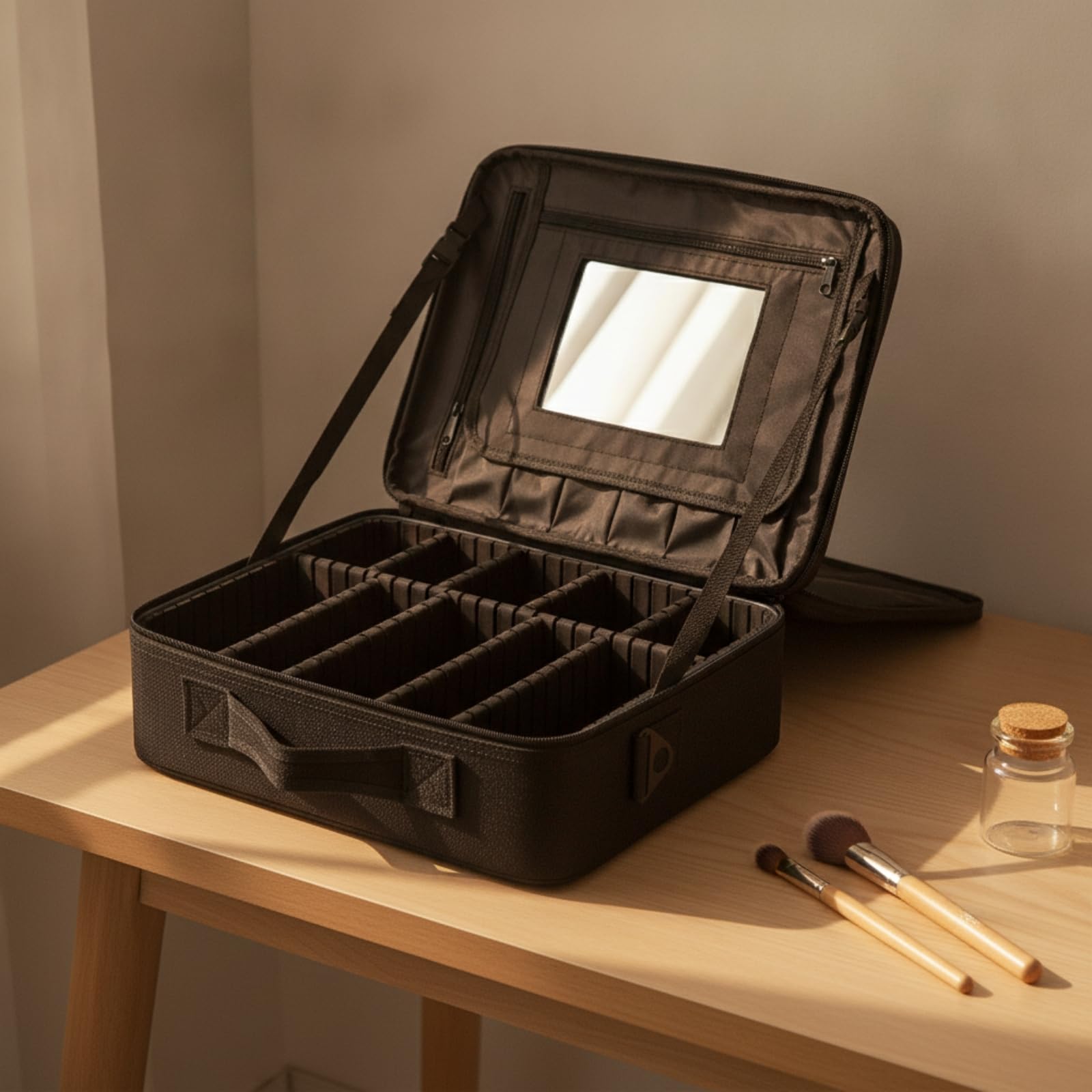 Make-up mit Spiegel vstellbare Fäch Schmink aus Oxford-Gewebe tragbar Reise-Make-up-Tasche mit Schultgurt für Visagisten, Offstage