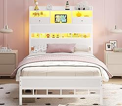 Twin Bed Frames with Headboard & Charging Station, LED Bed Frame Twin with 5 Storage Shelves & 2 Fabric Drawers, Platform Bed Frames for Kids, No Box Spring Needed, White
