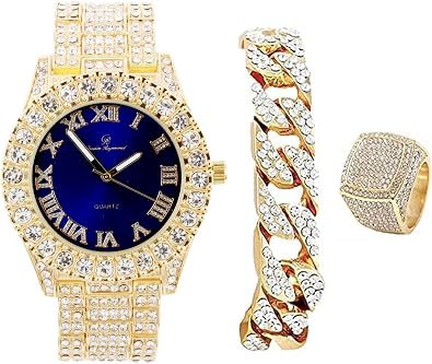 Charles Raymond Mens Big Rocks Bezel - Dial with Roman Numerals Fully Iced Out Watch w/Cuban Chain Bracelet & Ring - ST10327 3pc Set