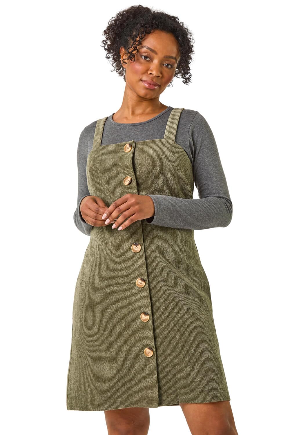 Roman Women's Petite Corduroy Pinafore Button Dress in Khaki | Size: 18