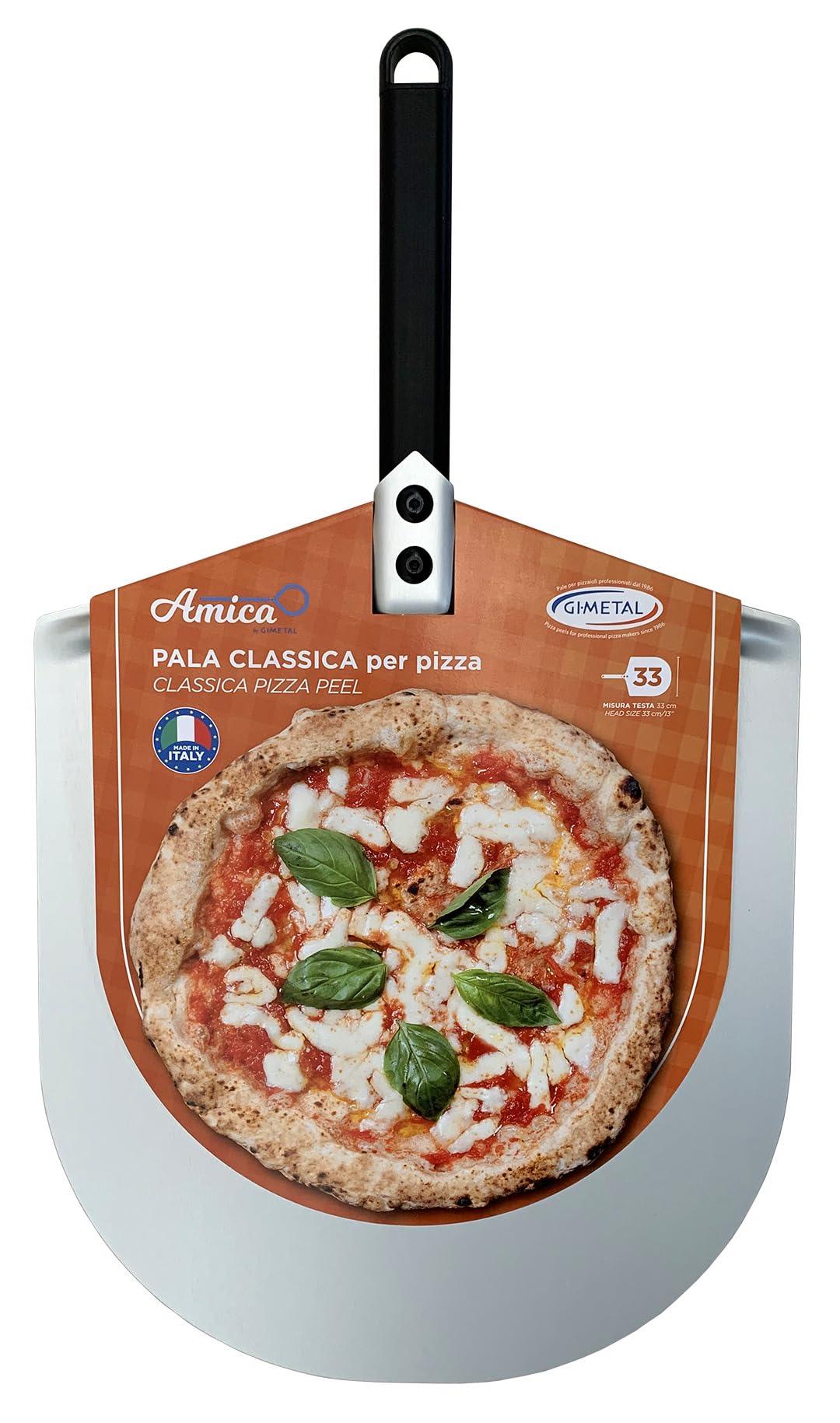 Gi.Metal Kit pala para pizza de aluminio con mango corto 33 x 25 cm y rueda cortapizza