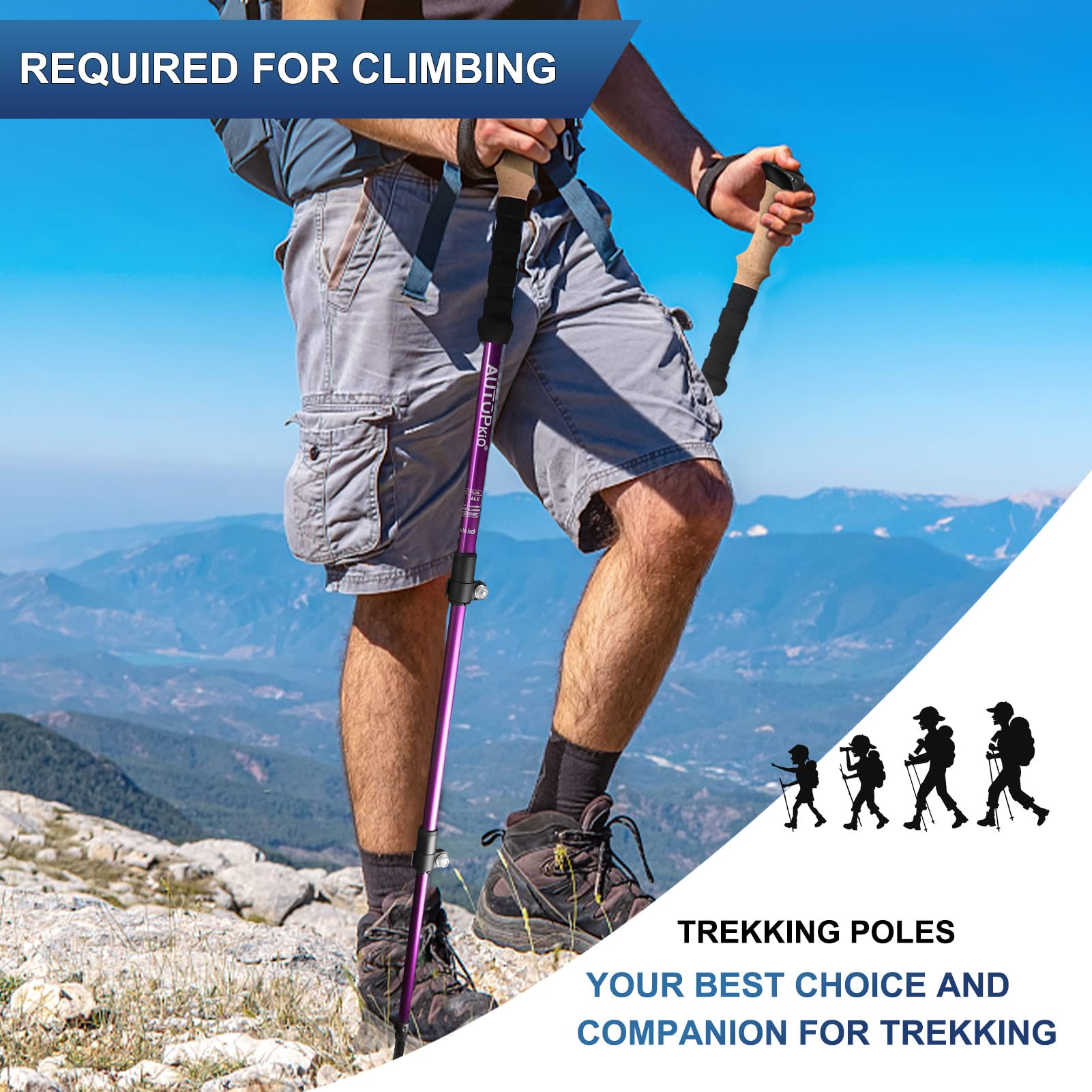 AUTOPkio Bastoncini Trekking, Racchette Trekking Telescopici Alluminio Bastoni Nordic Walking Estensibile Ultraleggero con Sistema di Blocco Rapido per Escursionismo Campeggio Camminate