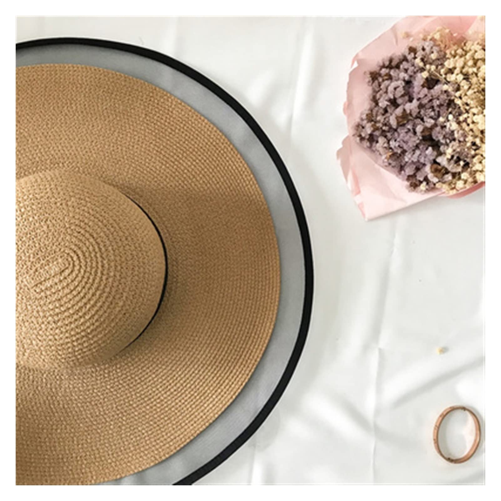 TOMYEUS Pamelas para Mujer Summer Sun Sol Berr Brim UV Protección Floppy Beach Sombrero Damas Sombrero de Paja Lace Big Brim Gat Sombrero Playa (Color : Khaki)