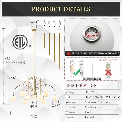 Miniatura 2 de Candelabros Sputnik grandes con 12 luces, moderna lámpara dorada para techo alto de 52 pulgadas de largo de siglo de mediados de siglo con pantallas