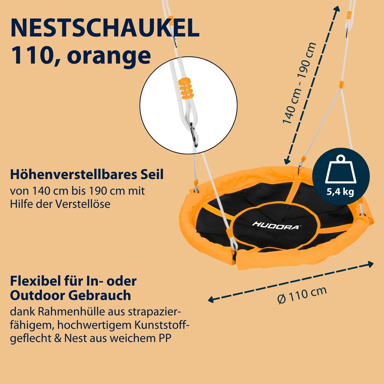 HUDORA Nestschaukel 110 - grün/orangefarbene Schaukel für bis zu 100kg - Hängeschaukel mit 110cm Durchmesser für drinnen & draußen - Höhenverstellbare Familienschaukel für Kinder & Erwachsene