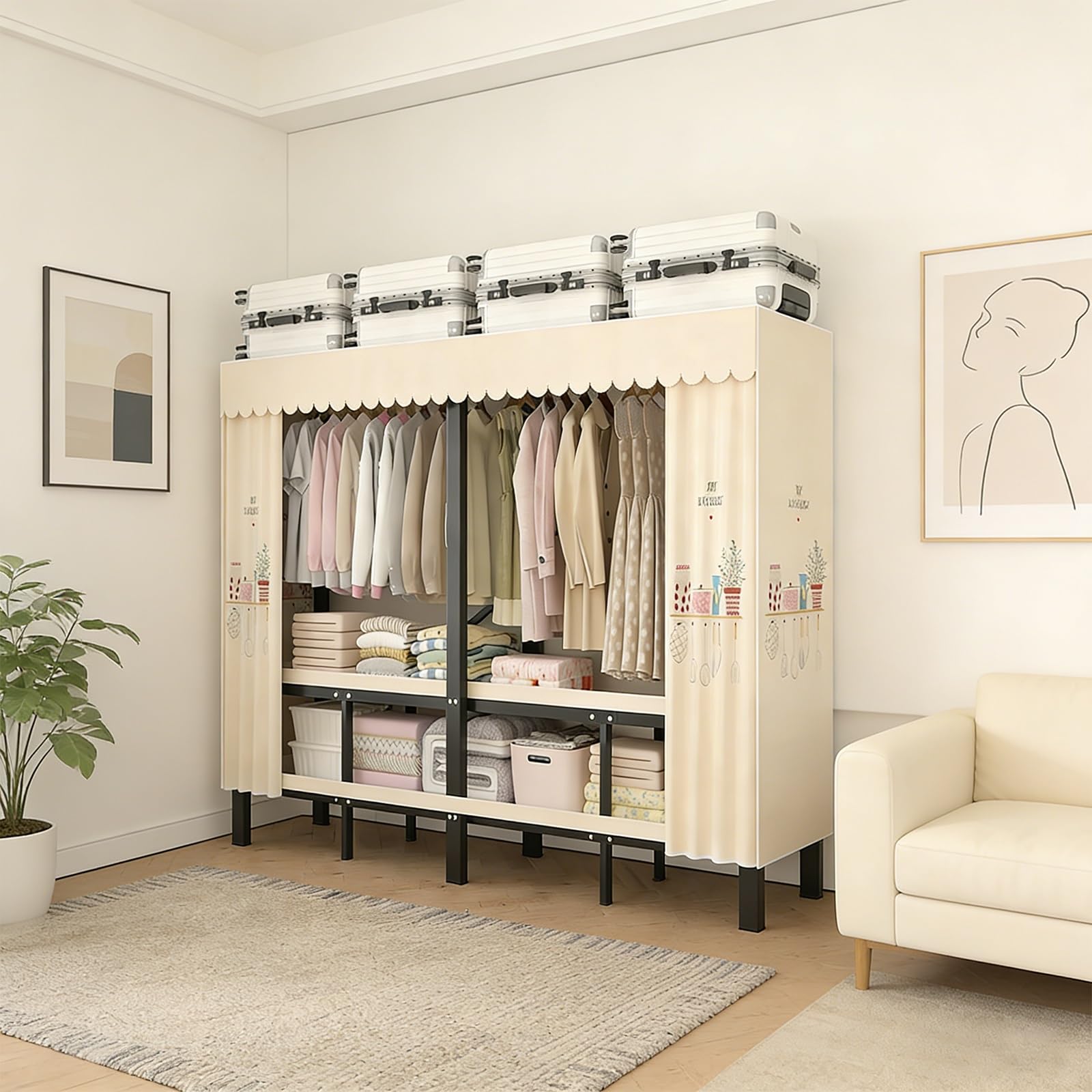Einfach Stoffschrank Klappbarer,Kleiderschrank Mit Kleiderstange Stoff Offener Für Schlafzimmer,Metall Geschlossener Faltschrank,Große Kleiderschrank Faltbarer,Für Schlafzimmer(203cm/80in)