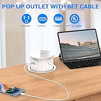 Vista 3 de XBA Toma de corriente desplegable con cargador inalámbrico de 15 W, 4 enchufes de CA, 1 USB-A y 1 USB-C, ojales de alimentación de escritorio Blanco