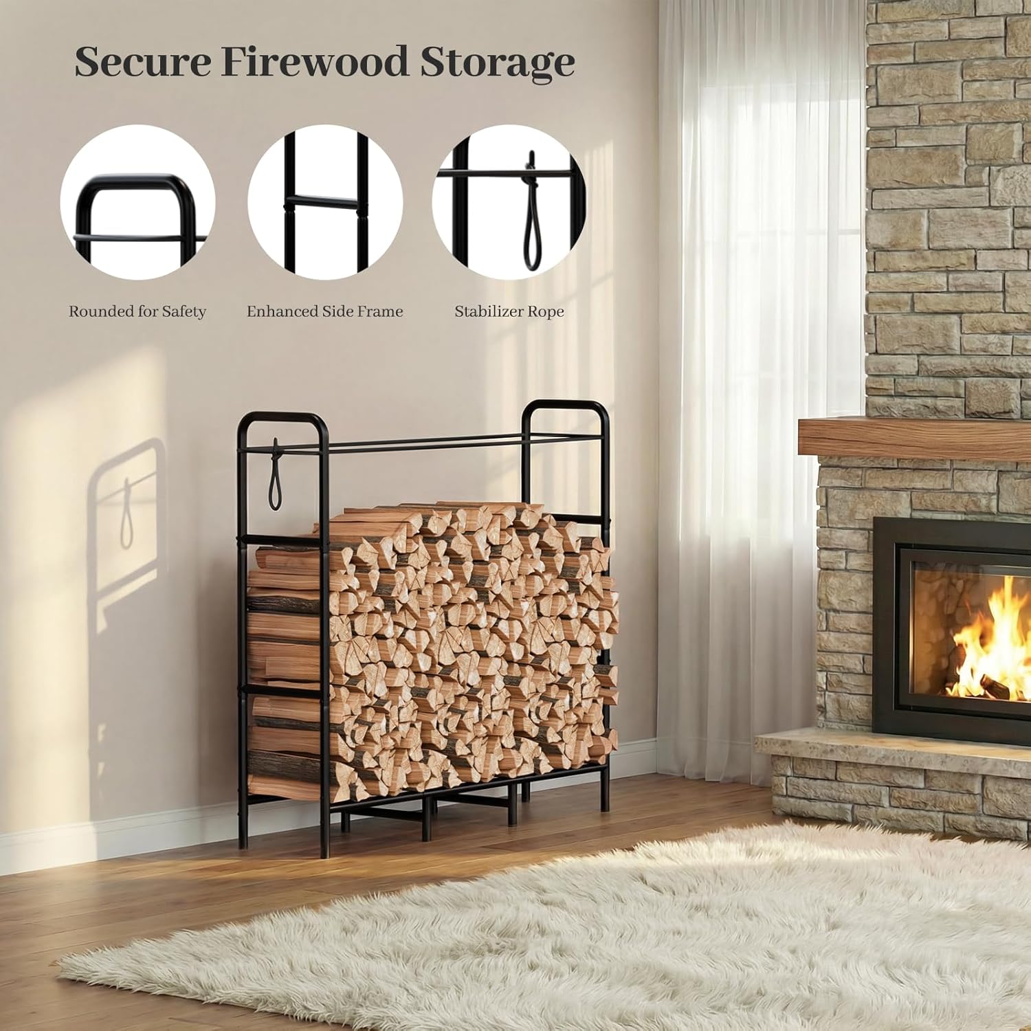 Firewood Rack 4FT Heavy Duty Metal, Outdoor Indoor Log Holder Stand for Fireplace Wood Storage, Wood Pile Stacker Organizer for Patio, Black