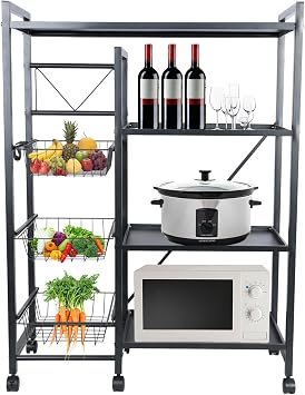 Vegetable Basket Storage Rack, 4-Tier Stackable Storage Basket with 360 Wheels, Kitchen Baker Rack, Spice Rack Microwave Organizer Workstation, Carbon Steel Frame, Easy Assembly Black