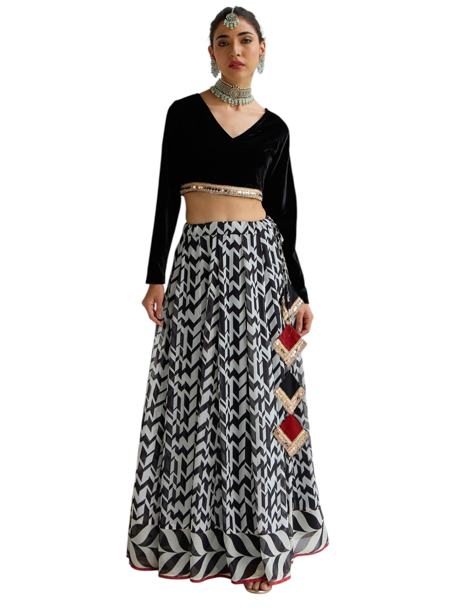 shae by sassafras Velvet V Neck Crop Top with Anarkali Skirt Lehenga Choli Set-picture-39
