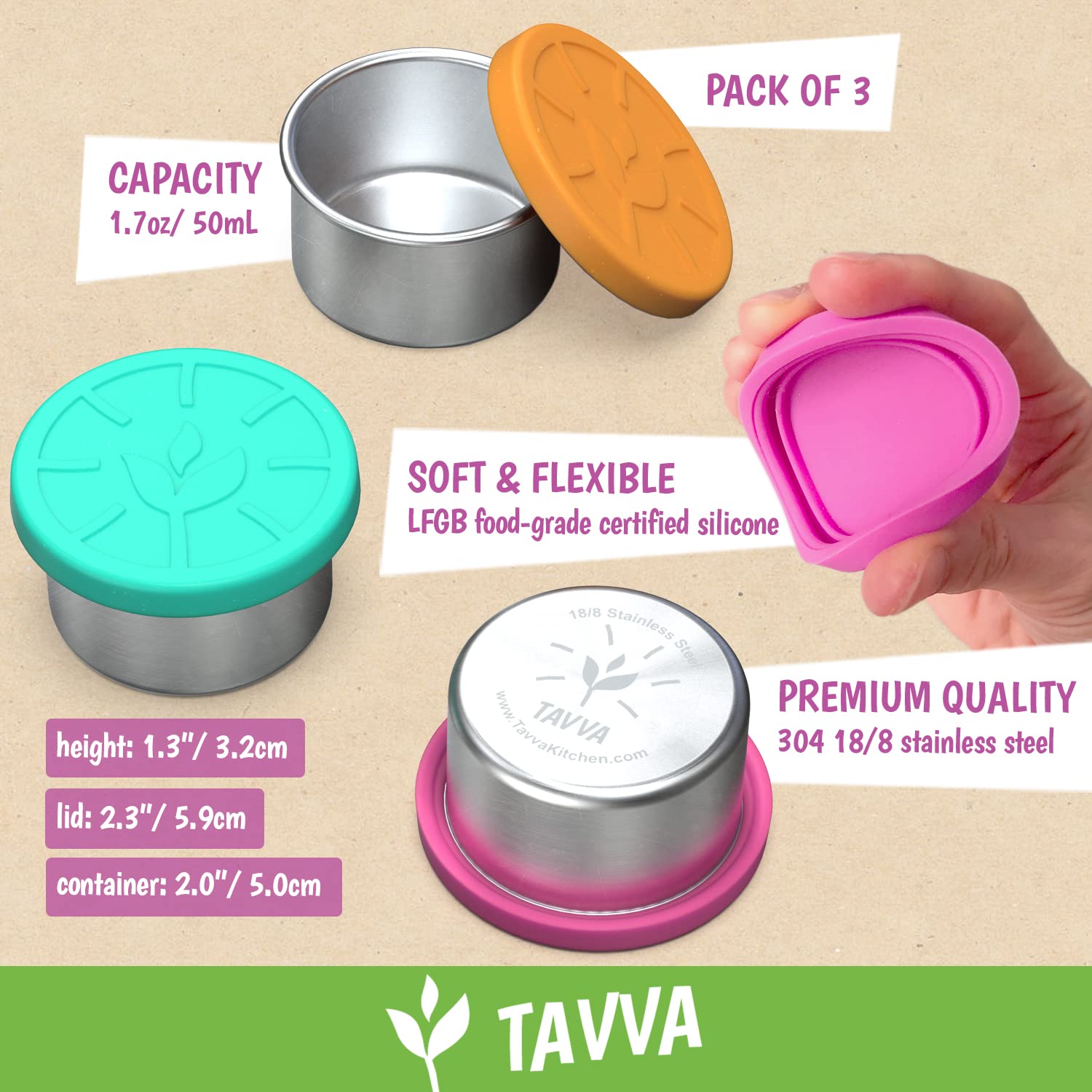 TAVVA Salad Dressing Container To Go 3 X 1.7 oz Stainless Steel Small