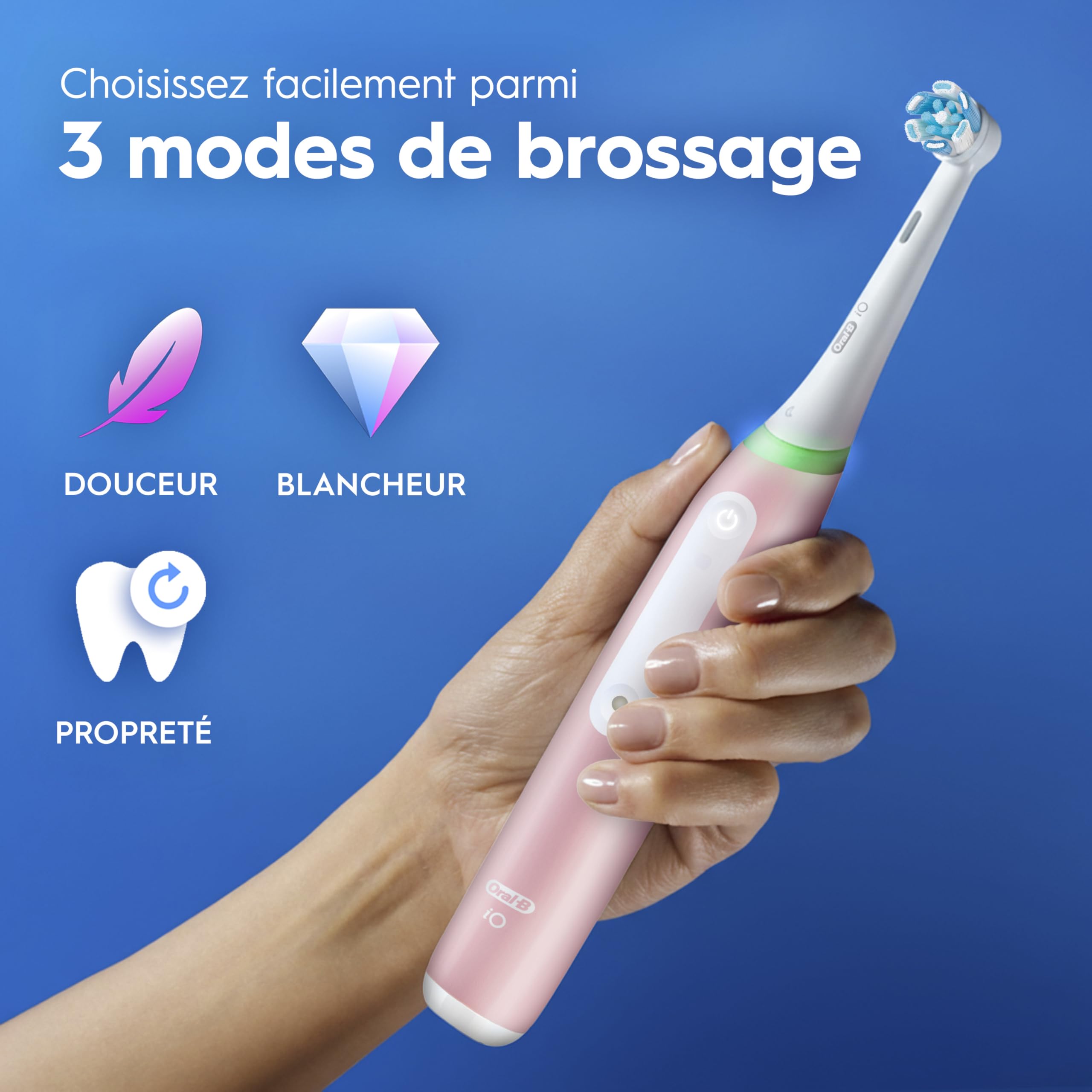 Oral-B Brosse à Dents Electrique iO 3 avec 1 Brossette de Rechange, Rose – 3 Modes de Brossage Silencieux dont Douceur et Blancheur, Capteur de Pression sur les Gencives, Batterie Rechargeable