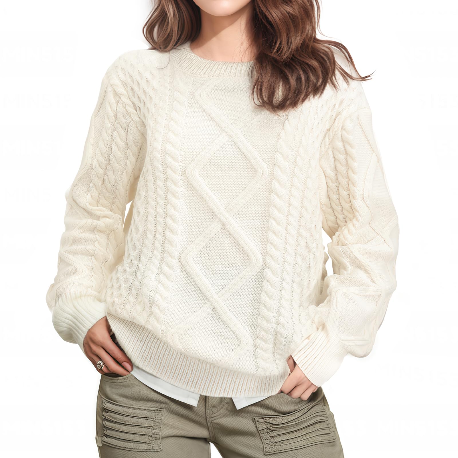 Pleneal Women Sweater Vintage Pullover Cable Knit Sweater Unisex Woven Crewneck Knitted Tops Beige