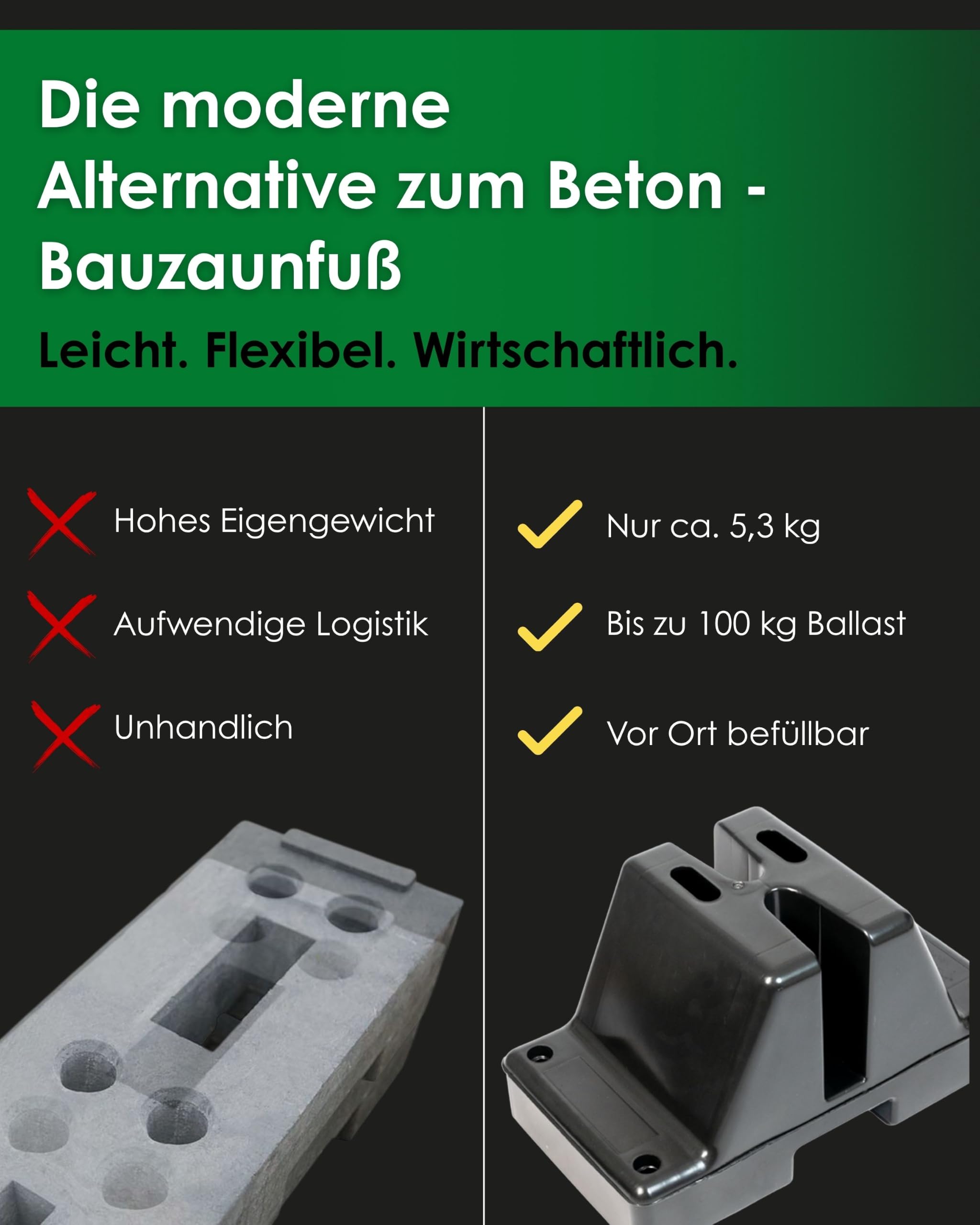 Bauzaunfuß aus Kunststoff StraightFoot by FenzFoot – Befüllbarer Mobilzaunfuß für Bauzäune & Mobilzäune – Leichter Recycling-HDPE Zaunfuß für Baustellen, Events & Absperrungen | Für Bauzäune, Standfuß