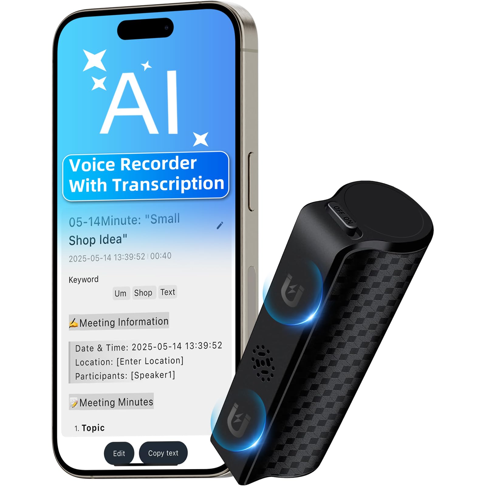 KI Diktiergerät Aufnahmegerät mit KI Schreibfunktion und Zusammenfassen, Voice Recorder 30 Tage Daueraufnahme, Multimodale Eingabe Audiorekorder für Meetings Vorlesungen Diktiergerät Mini