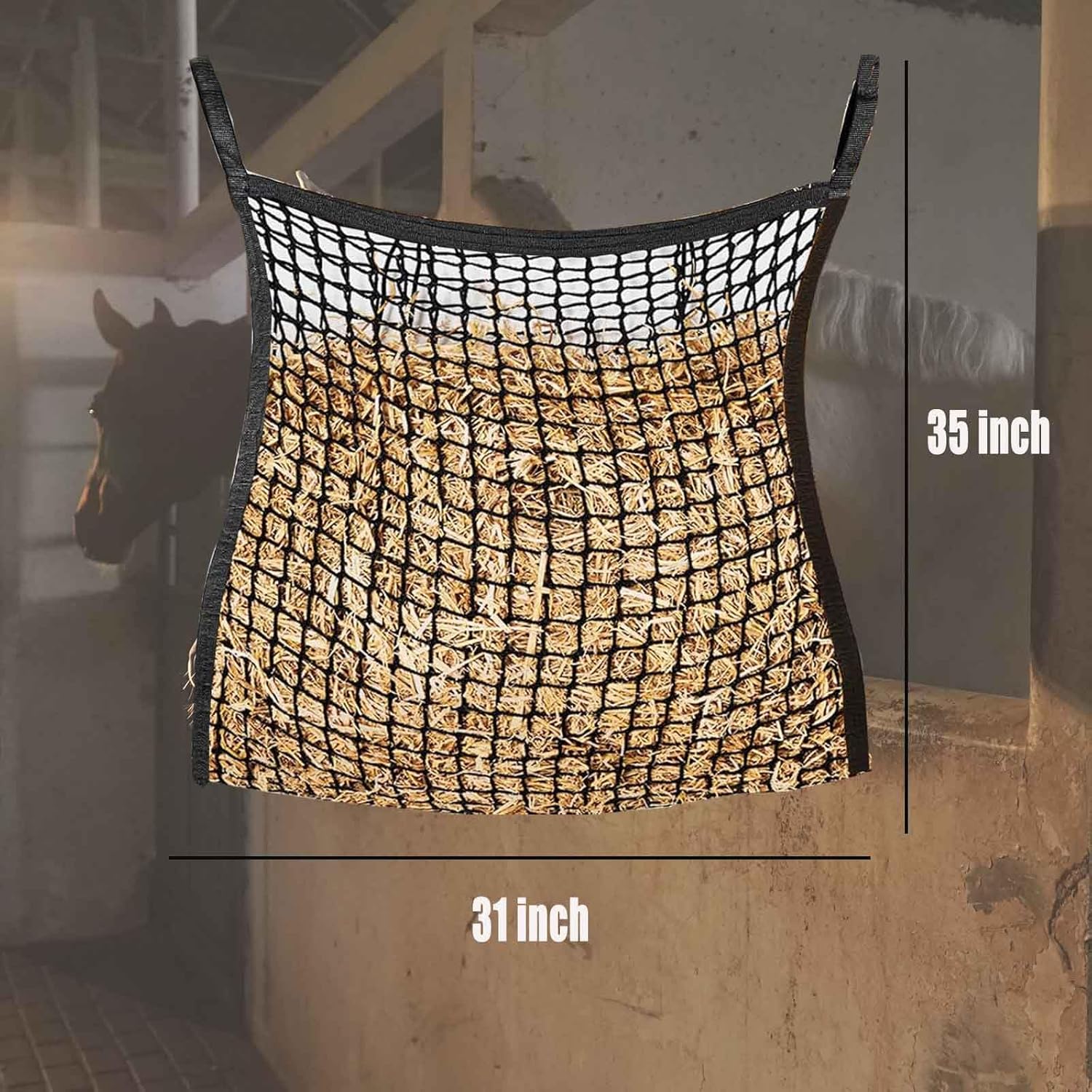 2 PCS Slow Feed Hay Net for Horses, Hay Net for Livestock,Slow Feeder for Goats Sheep Donkey, Easy to Fill and Hang, Black, 35 x 31 Inch