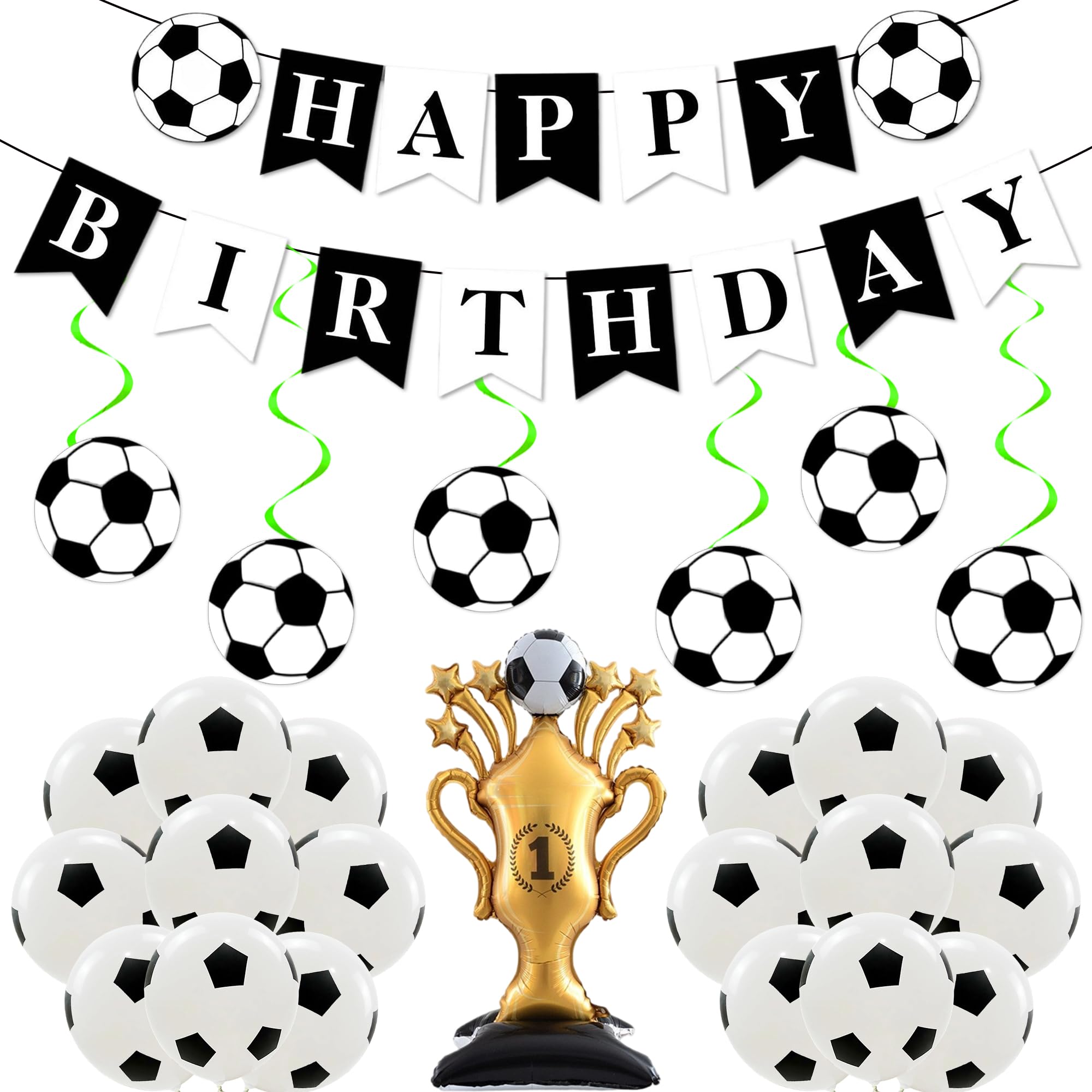 Football Birthday Decorations Balloon Boy - 26 Pcs Black White Football Themed Banners Hanging Swirls Trophy Foil Balloon Set for Boys Teenagers Men Sports Fans Party Decor Supplies