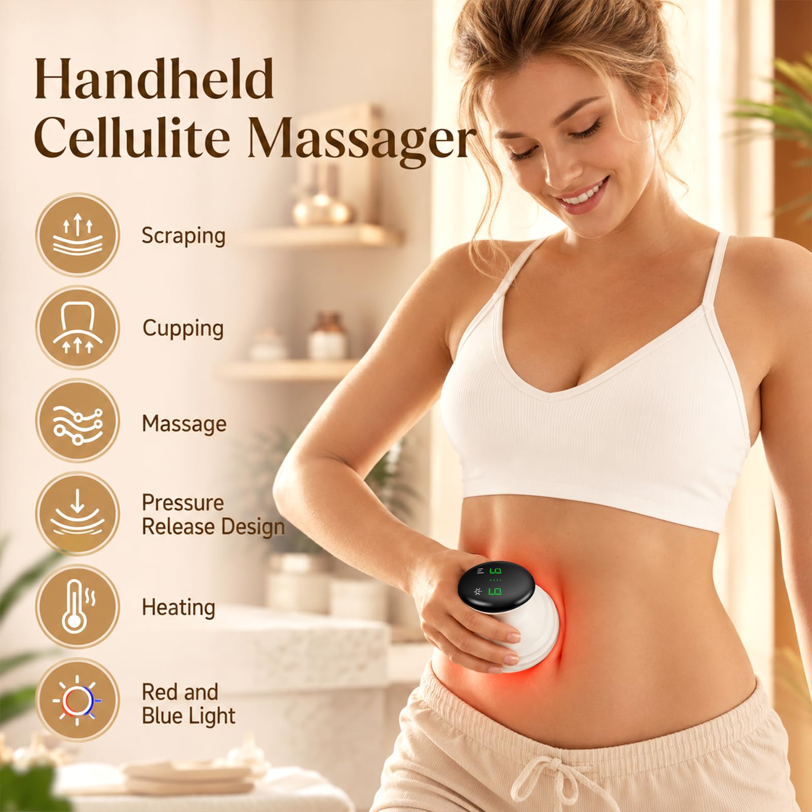 Massaggiatore anticellulite, massaggiatore Gua Sha elettrico a ventosa, 9 livelli, 9 livelli di pressione, display digitale USB C, adatto per la casa, addome, vita, braccia