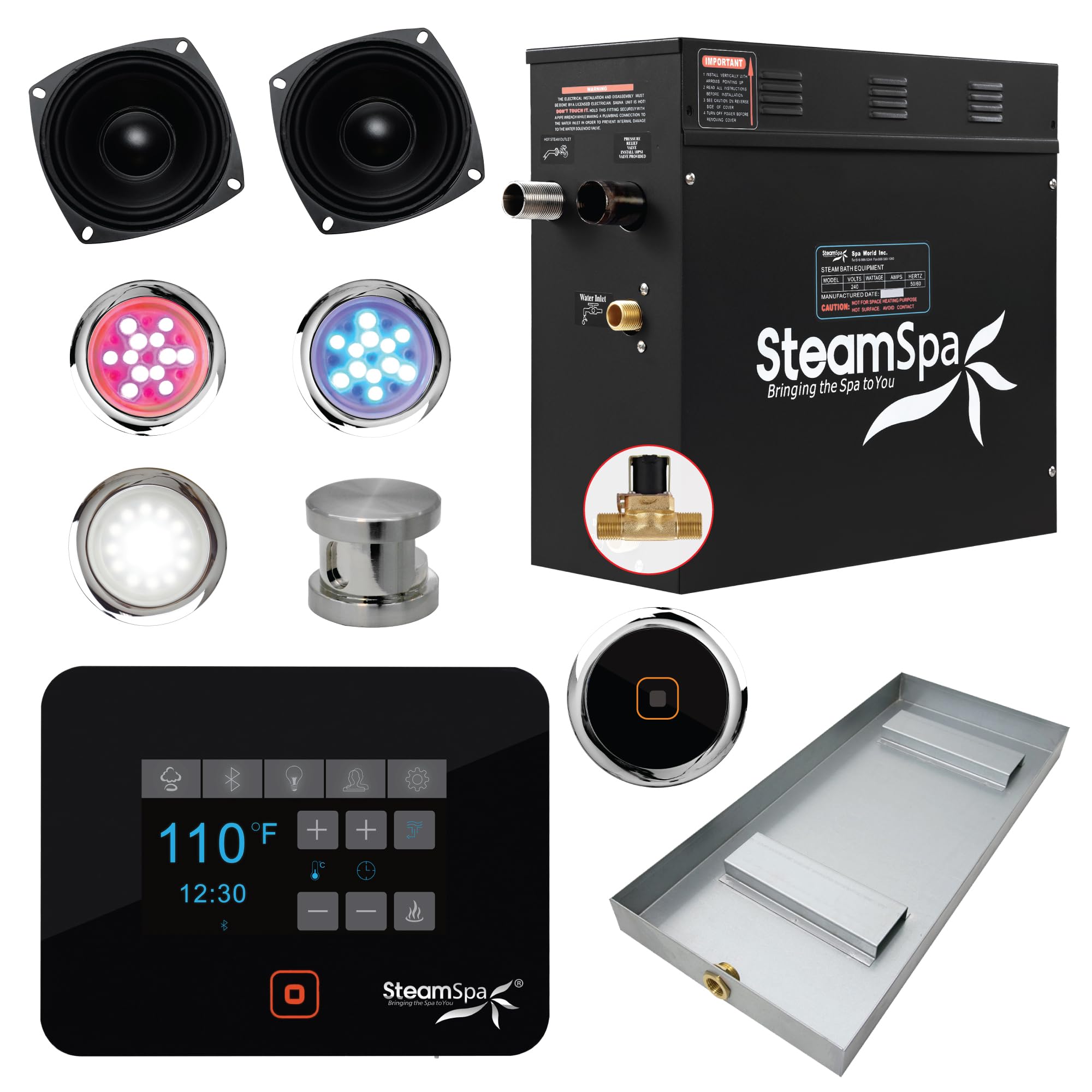 Steam Shower Generator Kit System | Brushed Nickel Shower Head + Self Drain Combo | Enclosure Steamer Sauna Package | Touch Screen Wifi App/Bluetooth Control Panel | 4.5kW Raven | RVB450BN-A