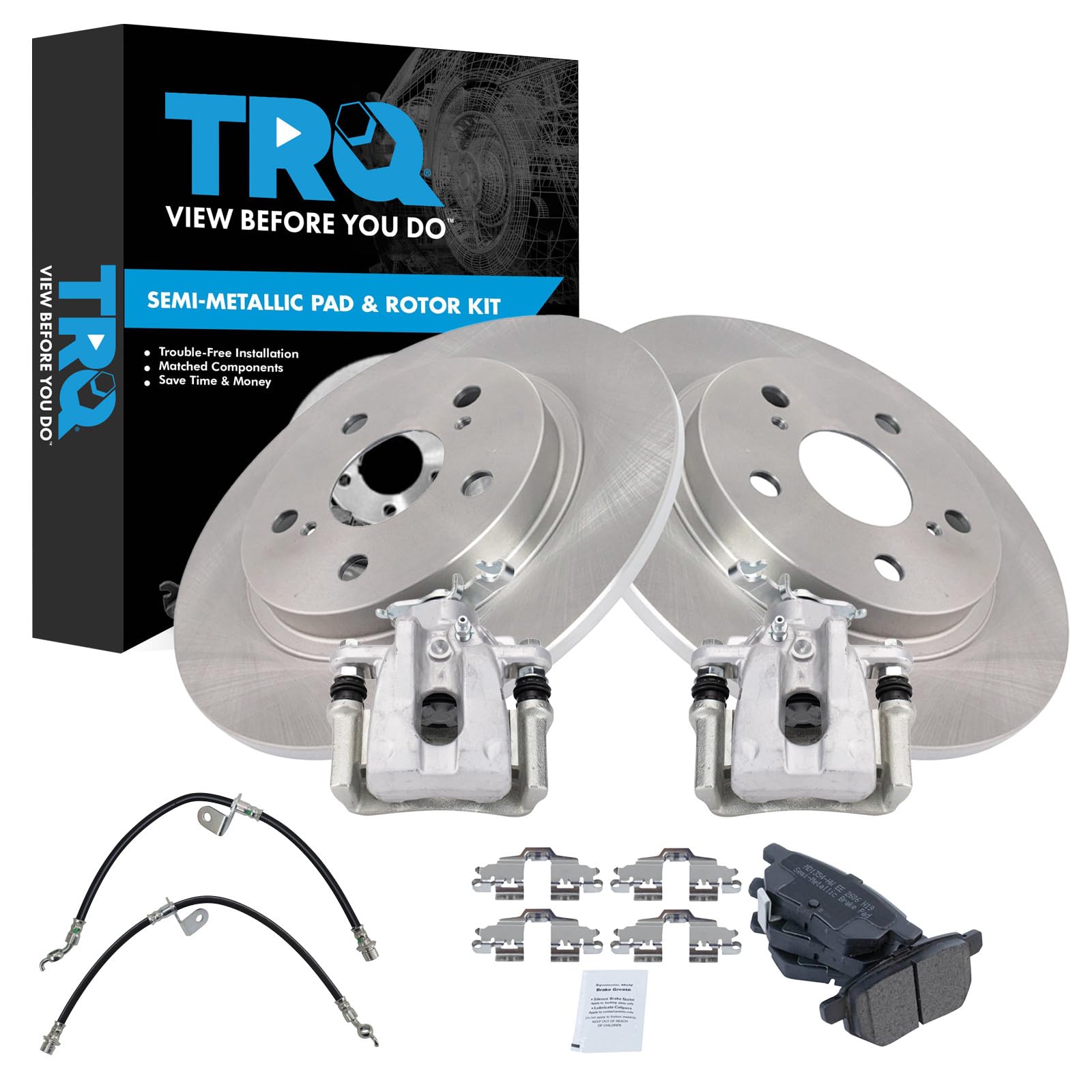 TRQ Rear Brake Pad and Rotor Set Semi Metallic Calipers Compatible with 2009-2010 Pontiac Vibe 2009-2013 Toyota Matrix