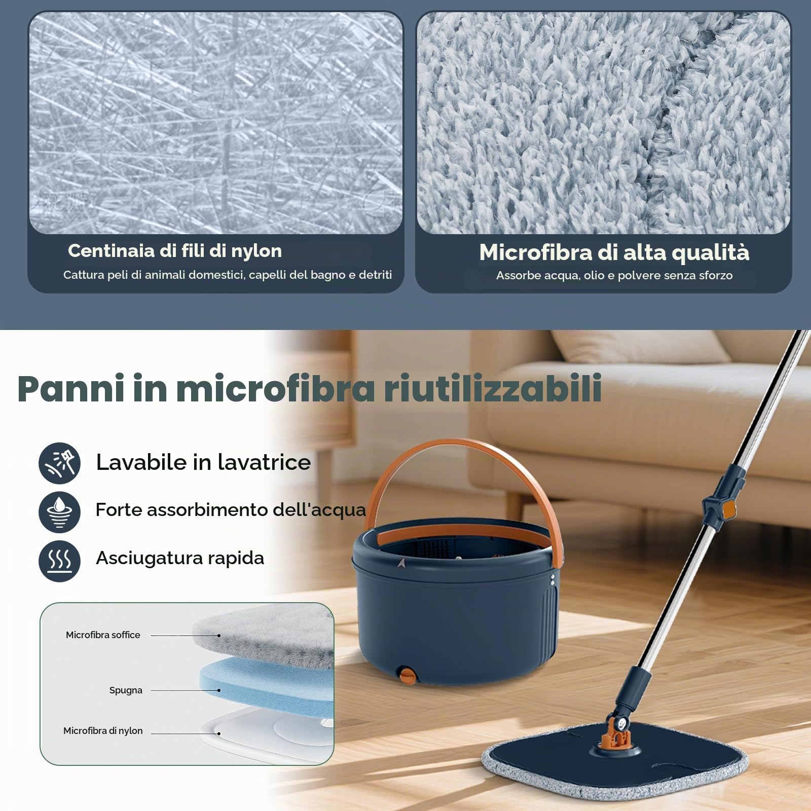 LIFEZEAL 2 Moci, Mop, Mocio Lavapavimento Professionale Rotante, 9 Panni, Strizzatore, Doppio Secchio, Filtro, Scarico, Lunghezza Regolabile, Separazione di Acqua, Leggero, per Diverse Superfici, Blu